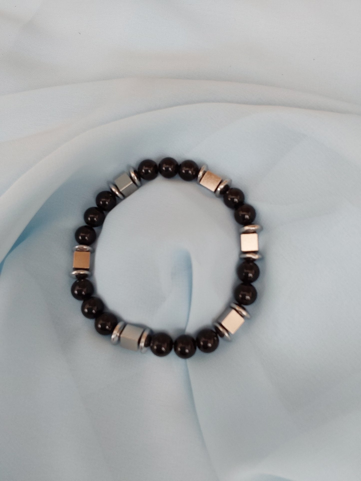 Obsidian bracelet with stainless steel beads