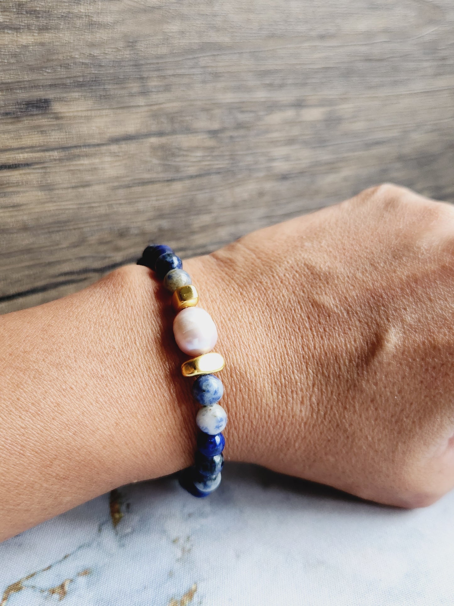 Lapis Lazuli, Sodalite and Pearl Bracelet