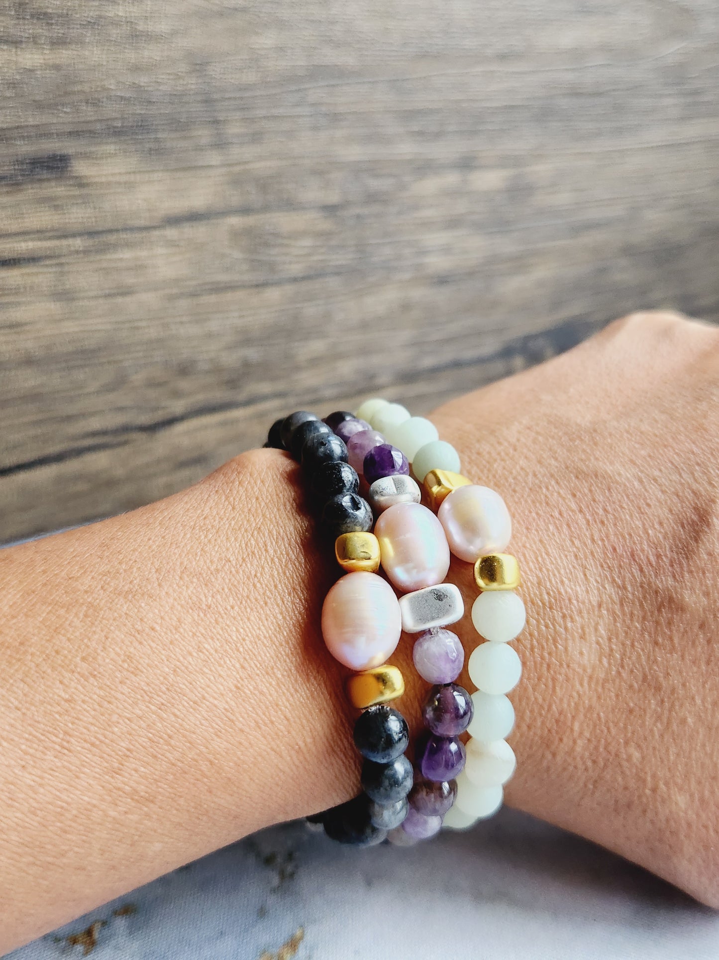 Aquamarine, Amethyst and Pearl Bracelet