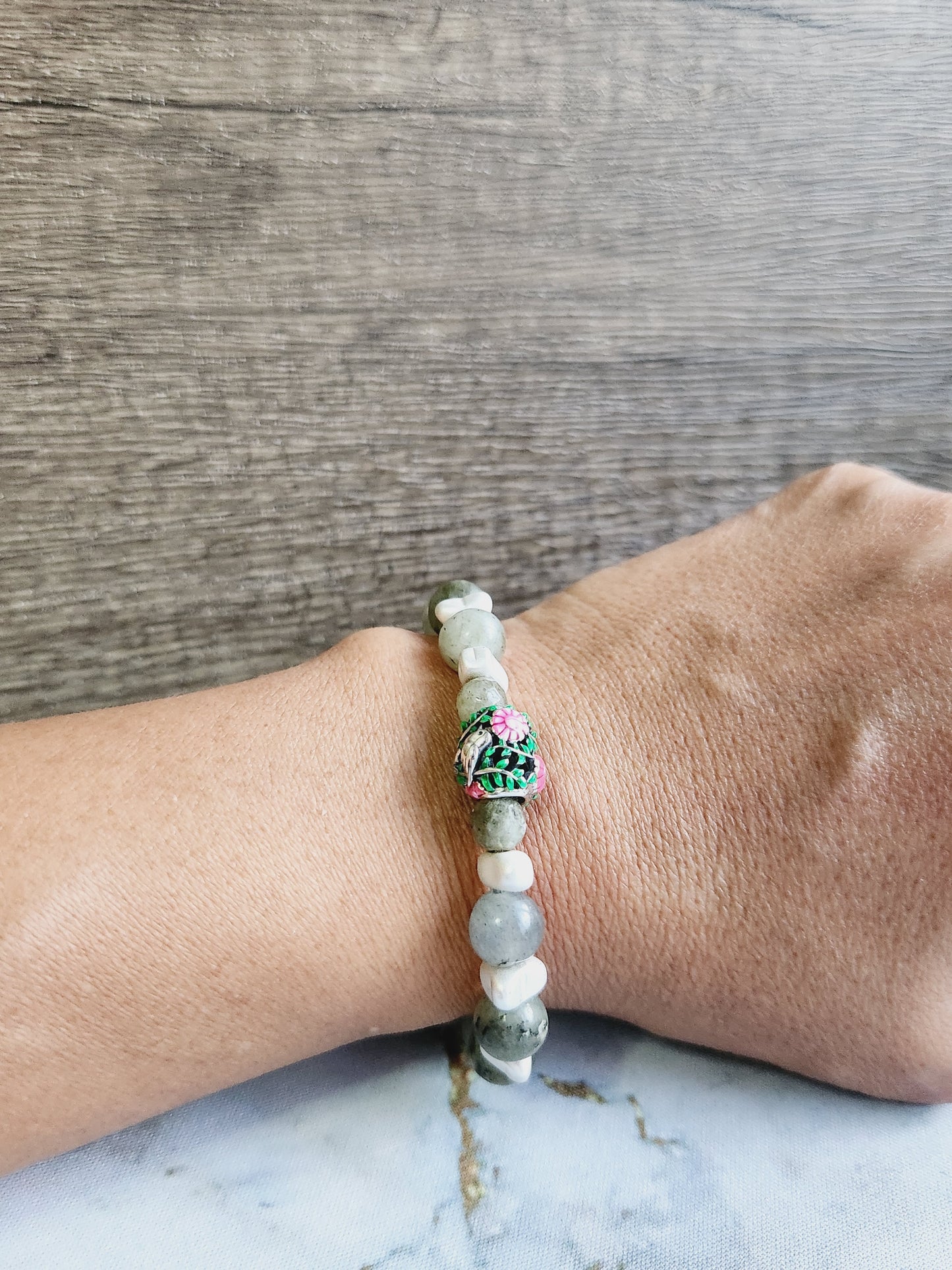 Green Moonstone Bracelet with Heart Charm