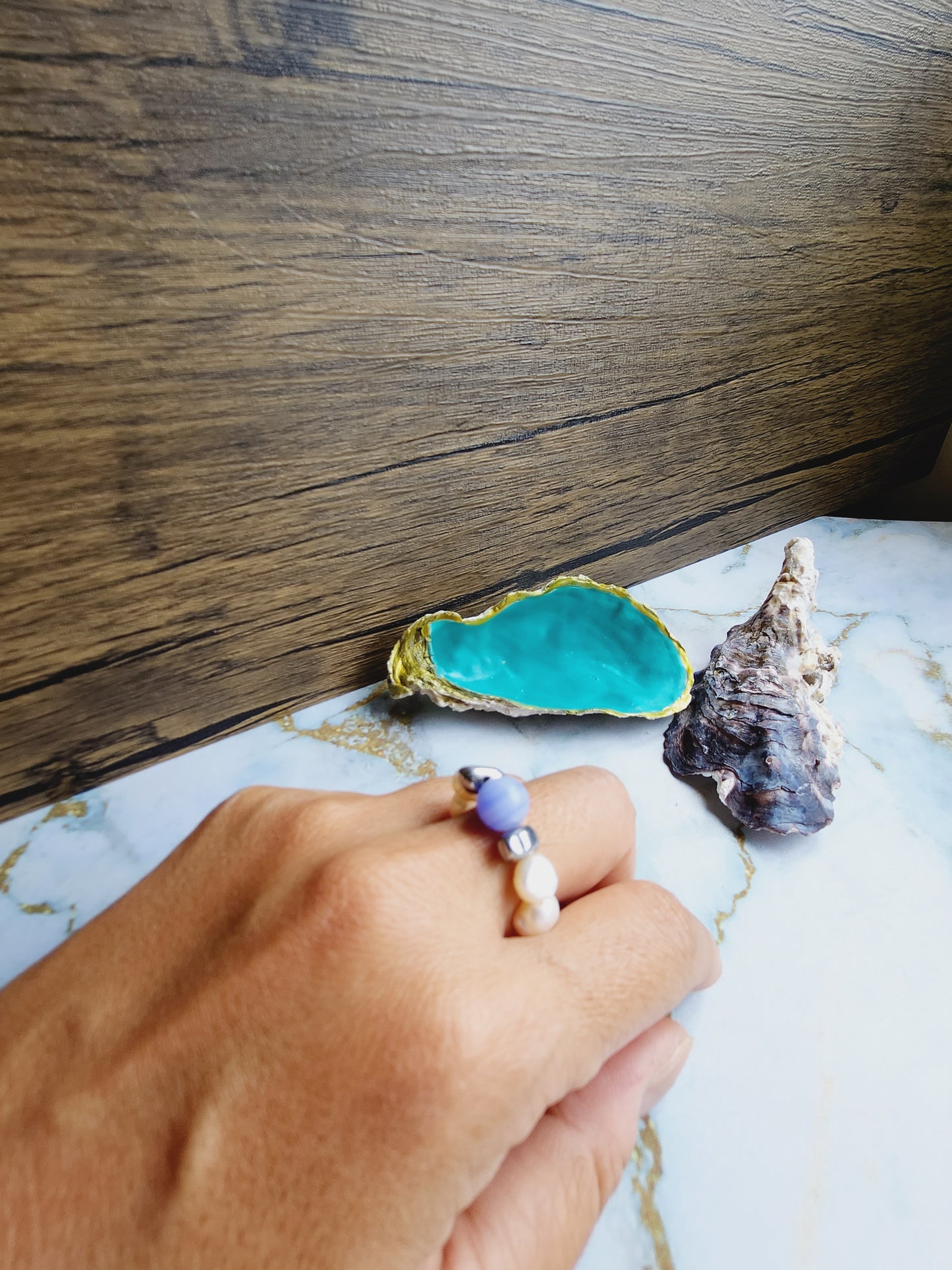 Blue Lace Agate and Pearl Ring
