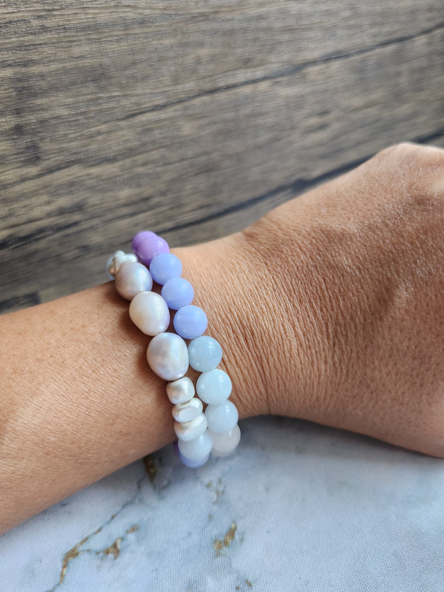 Amethyst, Aquamarine, Blue Lace Agate and Purple Pearl Bracelet