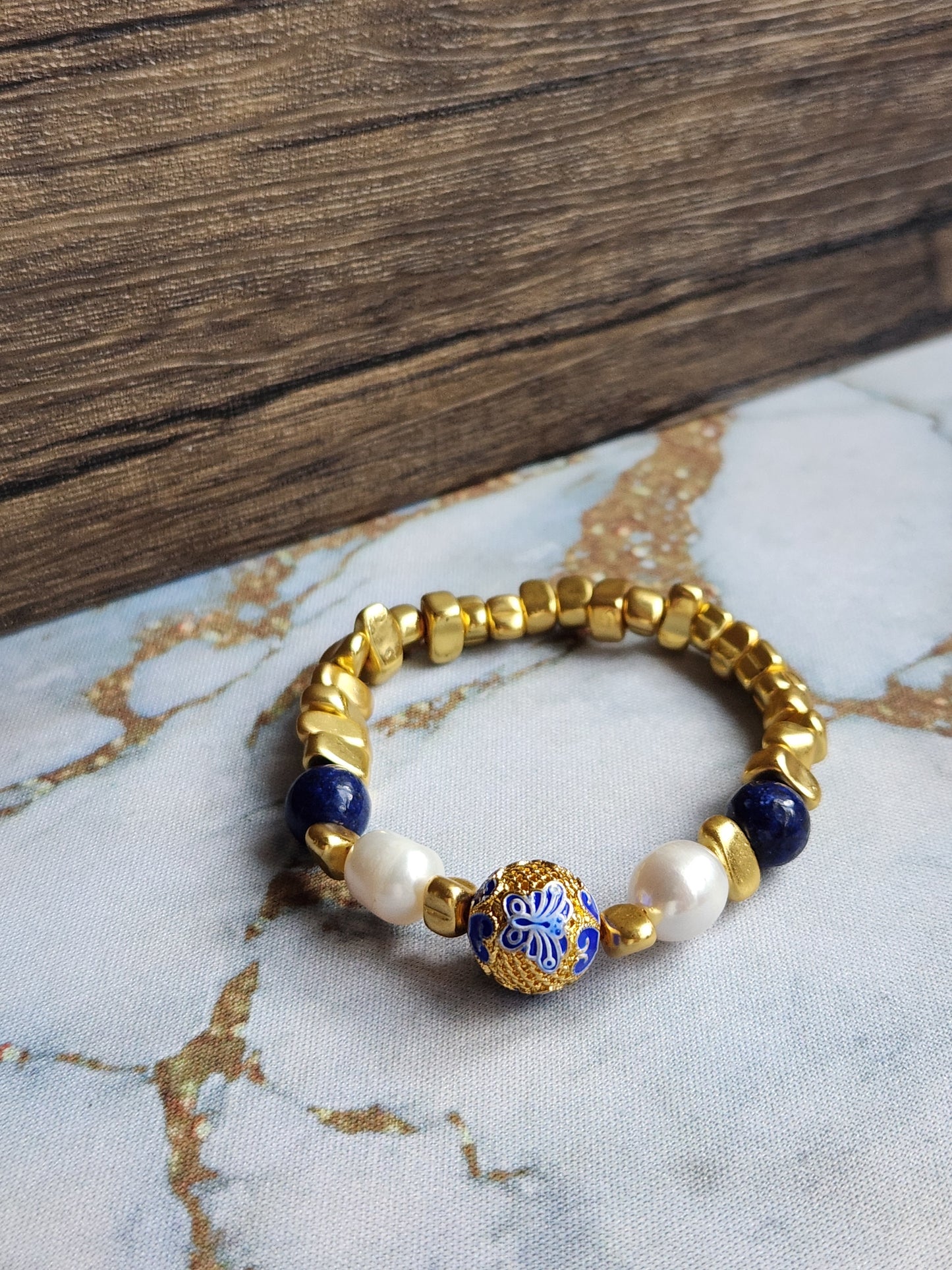 Anak Peranakan Lapis Lazuli and Pearl Bracelet
