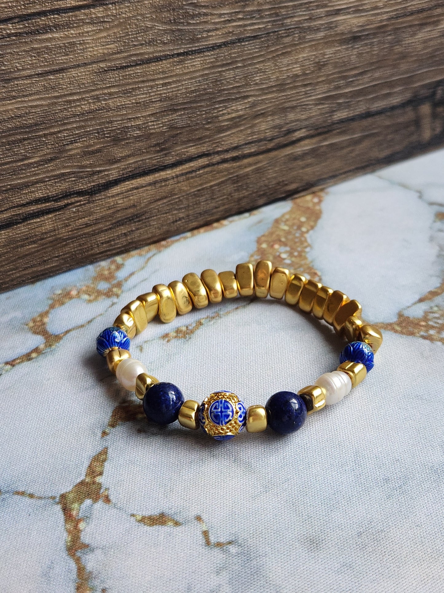 Anak Peranakan Lapis Lazuli and Pearl Bracelet