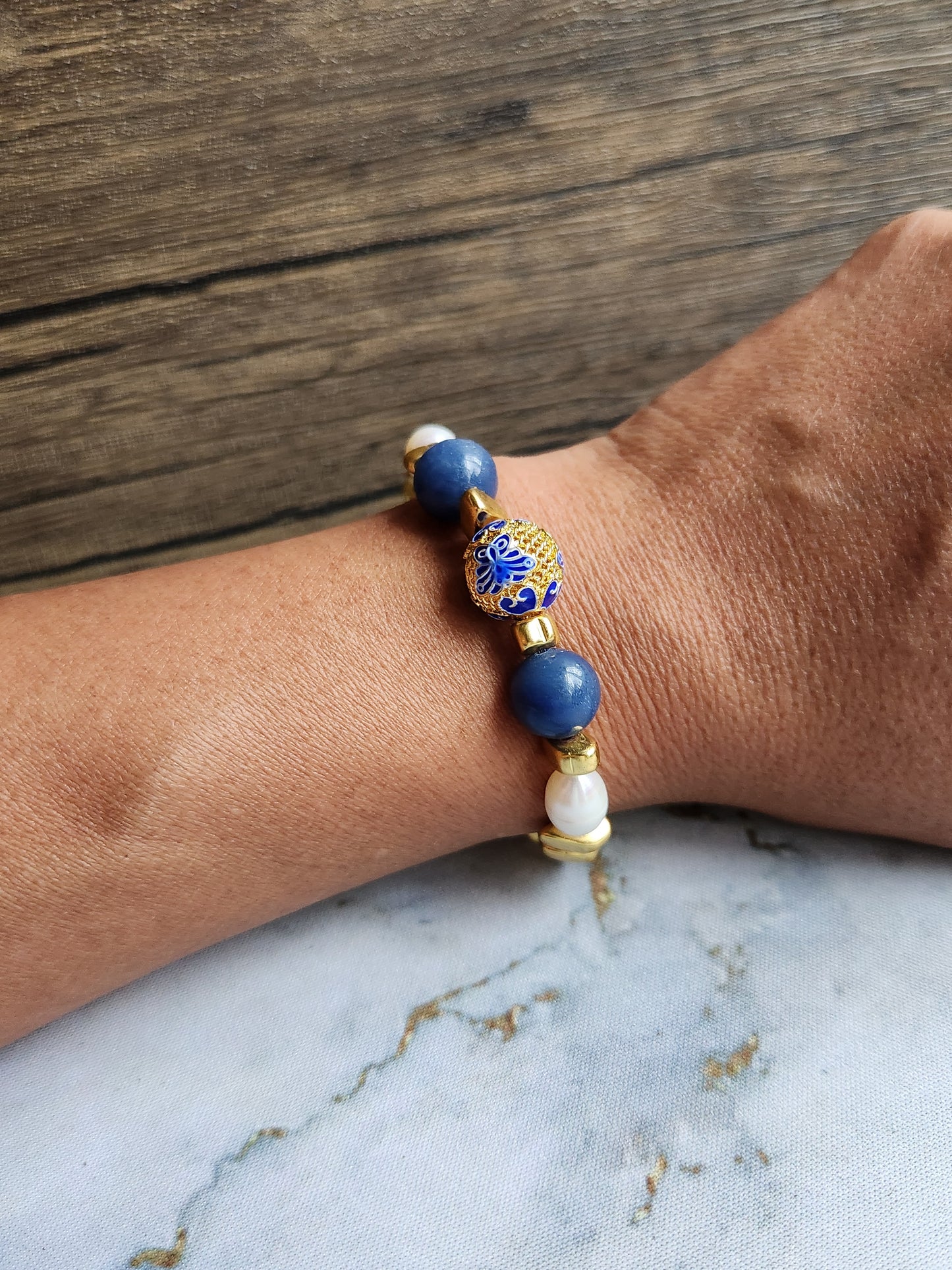 Anak Peranakan Blue Aventurine and pearl Bracelet