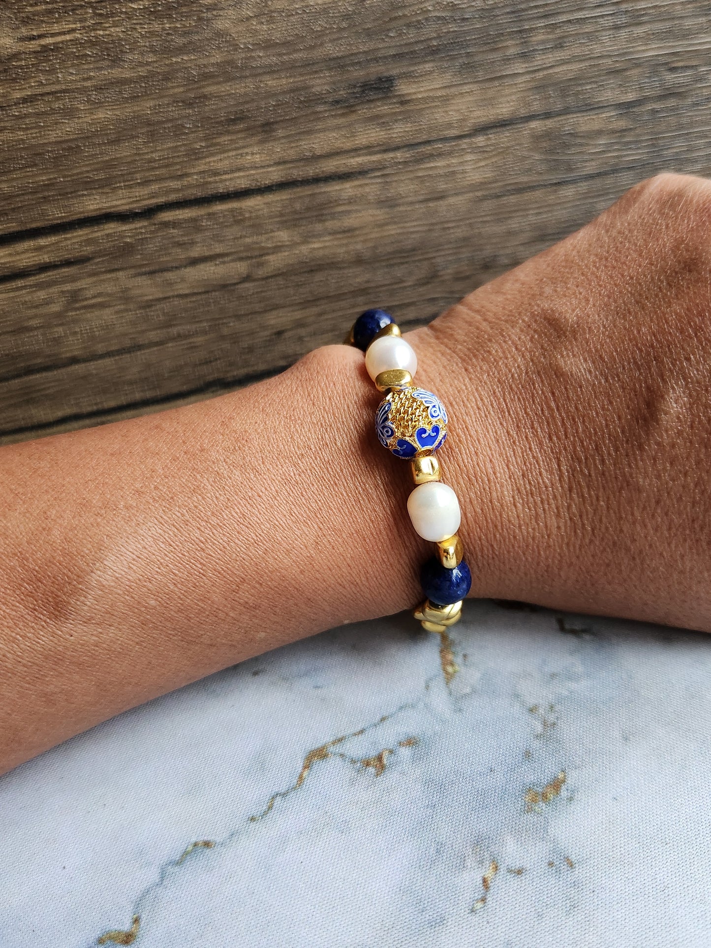 Anak Peranakan Lapis Lazuli and Pearl Bracelet