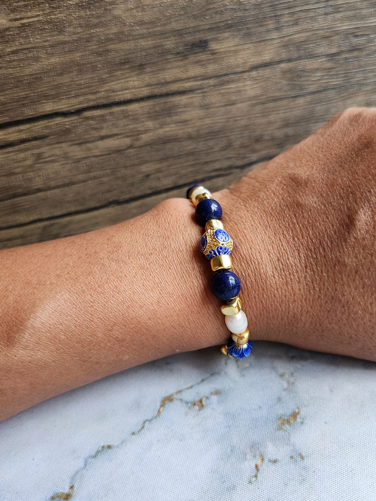 Anak Peranakan Lapis Lazuli and Pearl Bracelet