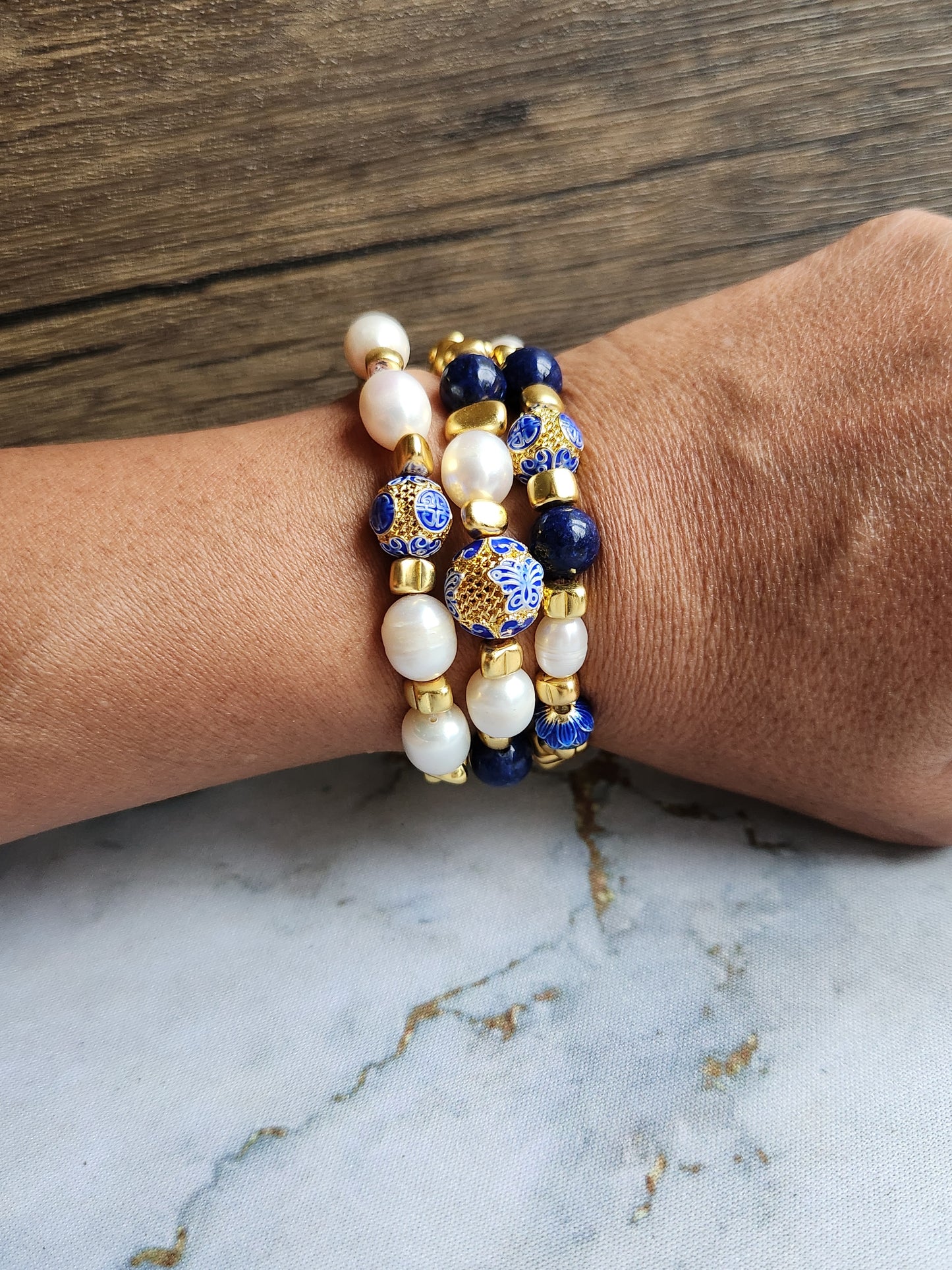 Anak Peranakan Lapis Lazuli and Pearl Bracelet