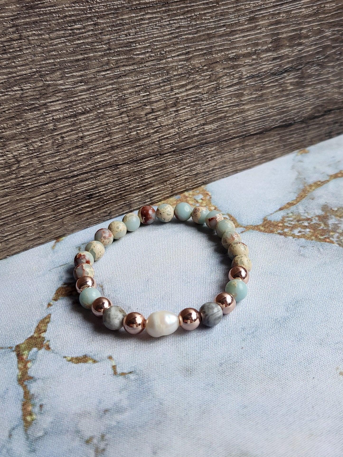 Rose Gold Aqua Terra Jasper, Grey Jasper and Pearl Bracelet