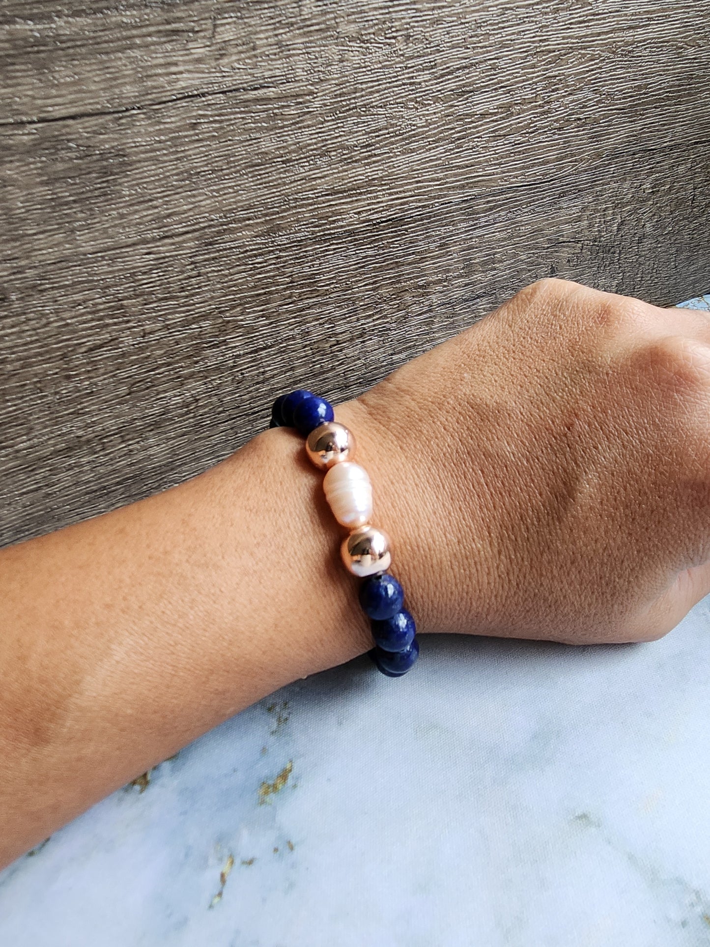 Rose Gold Lapis Lazuli Pearl Bracelet