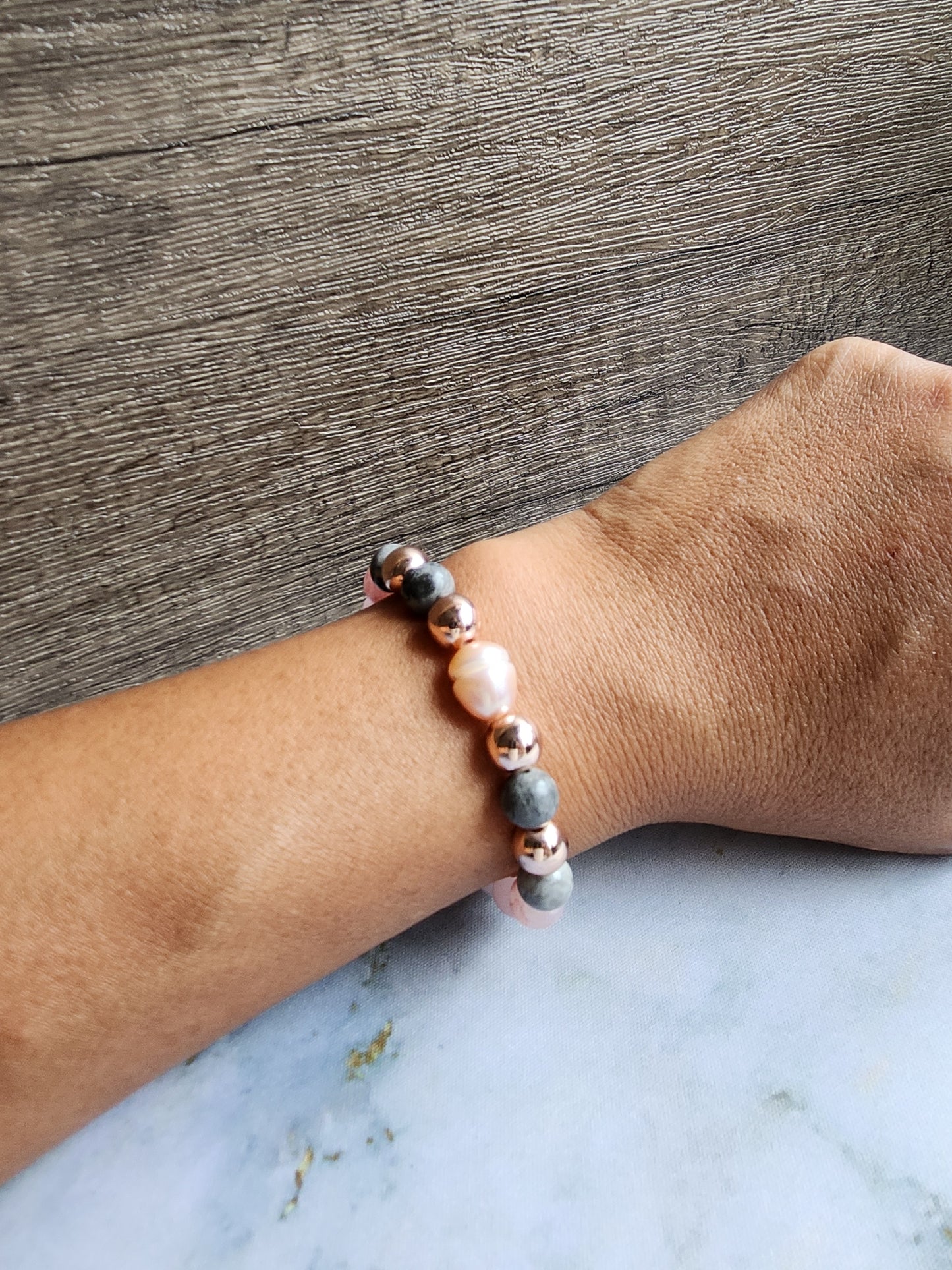 Rose Gold Strawberry Quartz, Grey Jasper and White Pearl Bracelet