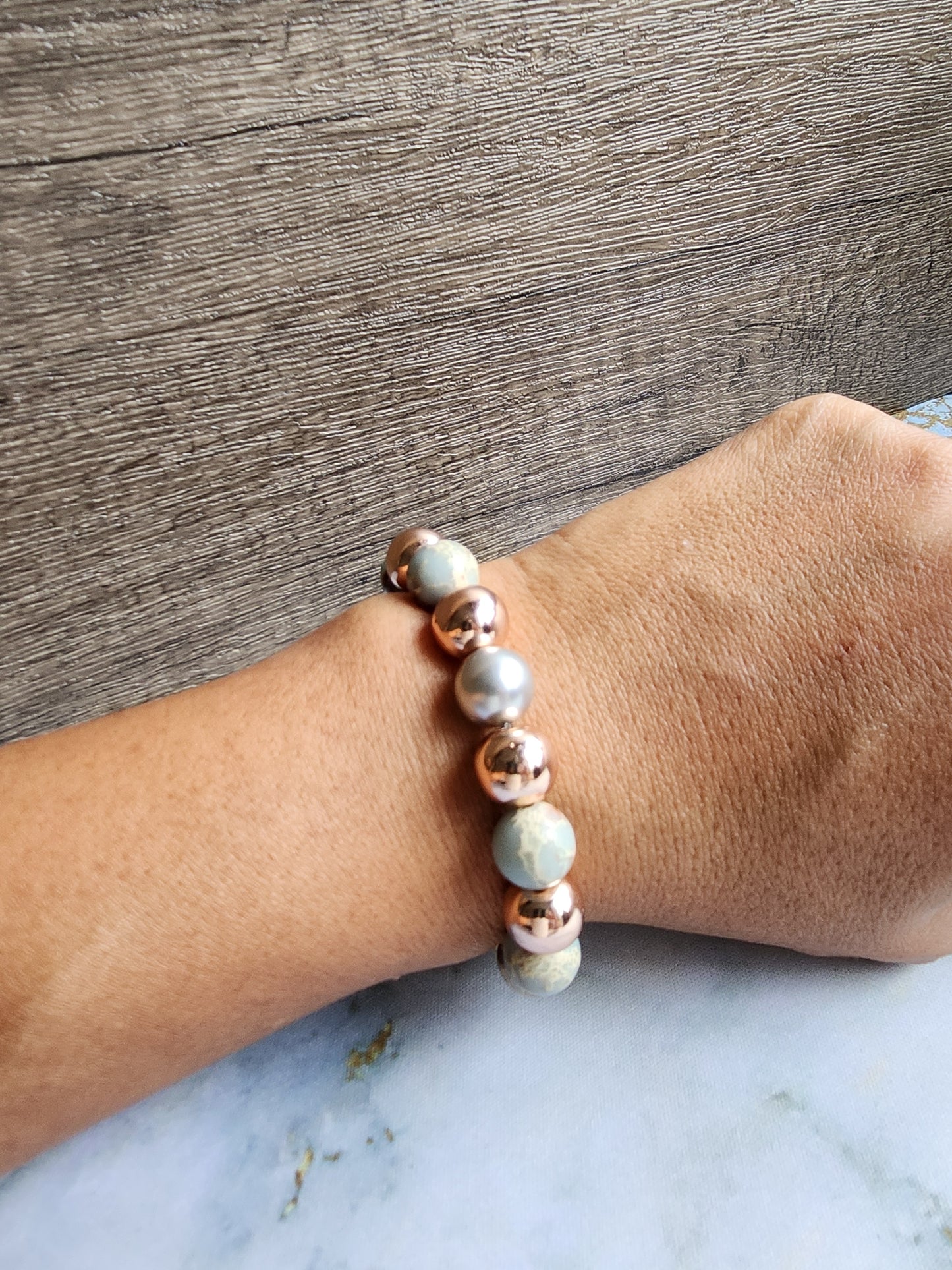 Rose Gold Aqua Terra Jasper and Pearl Bracelet