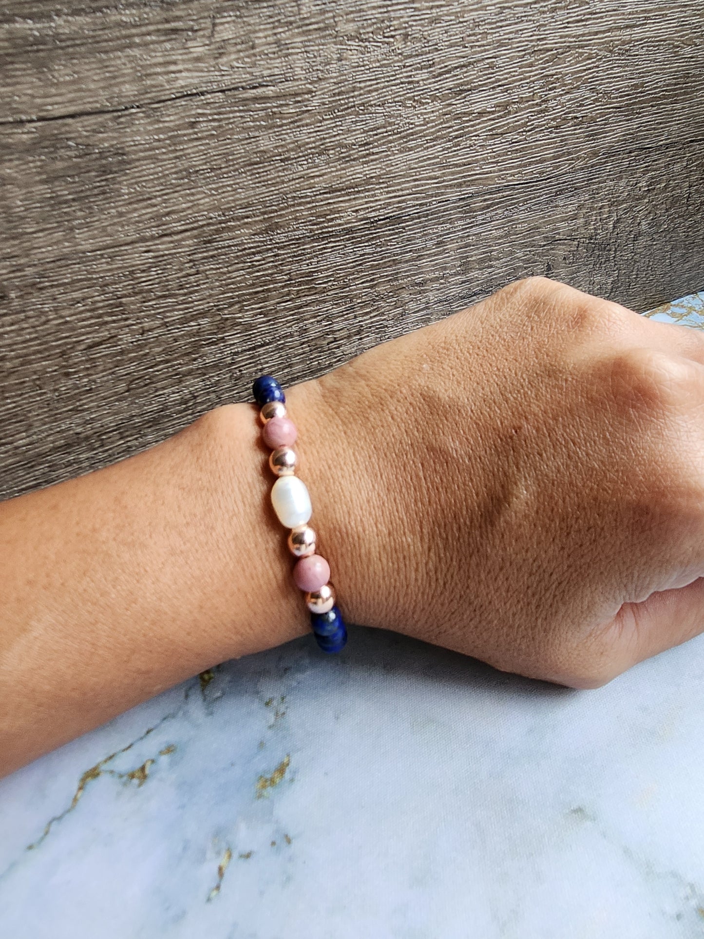 Rose Gold Lapis Lazuli, Rhodochrosite and Pearl Bracelet