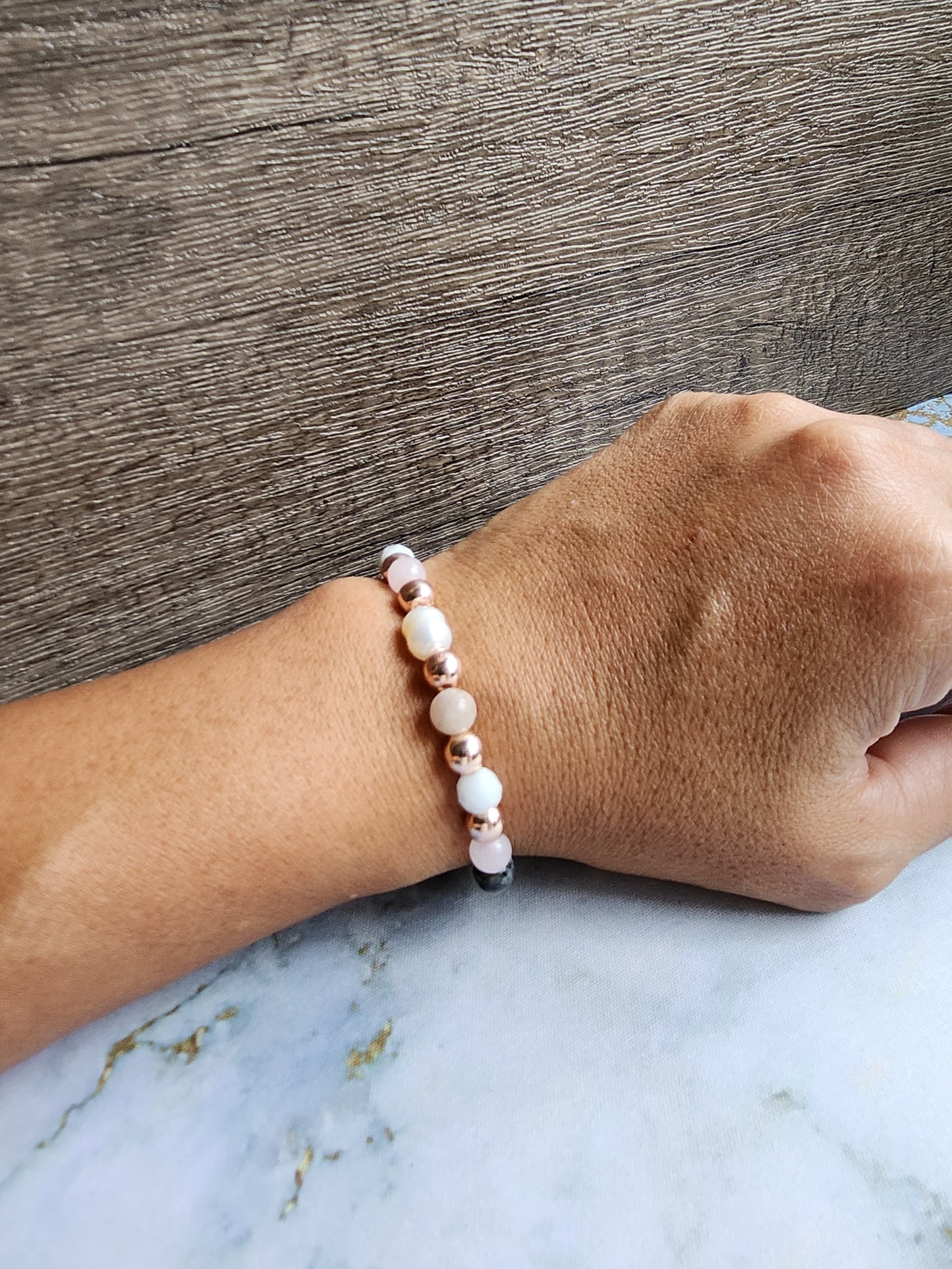 Rose Gold Green Moonstone, Labradorite, Rose Quartz and Pearl Bracelet