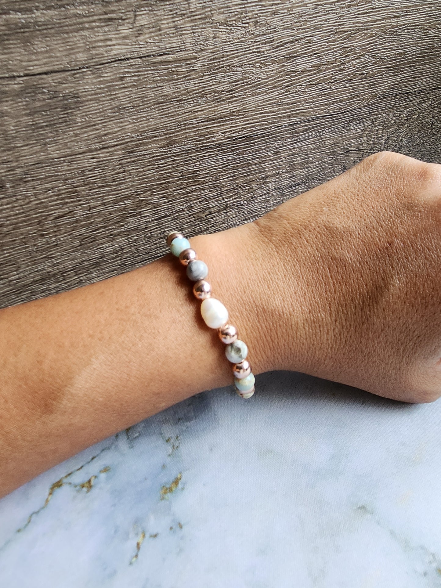 Rose Gold Aqua Terra Jasper, Grey Jasper and Pearl Bracelet