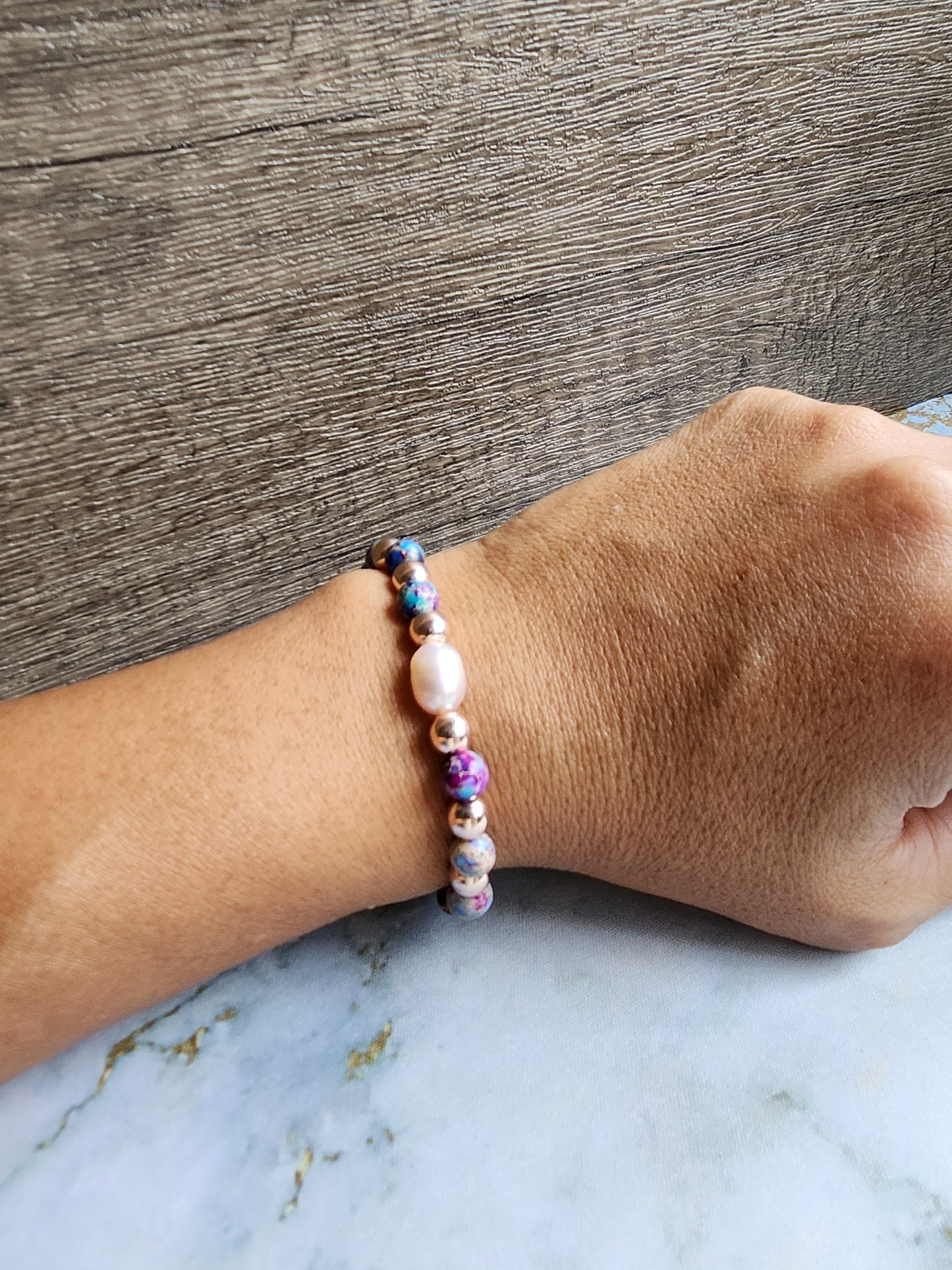 Rose Gold Sea Sediment Jasper and Pearl Bracelet
