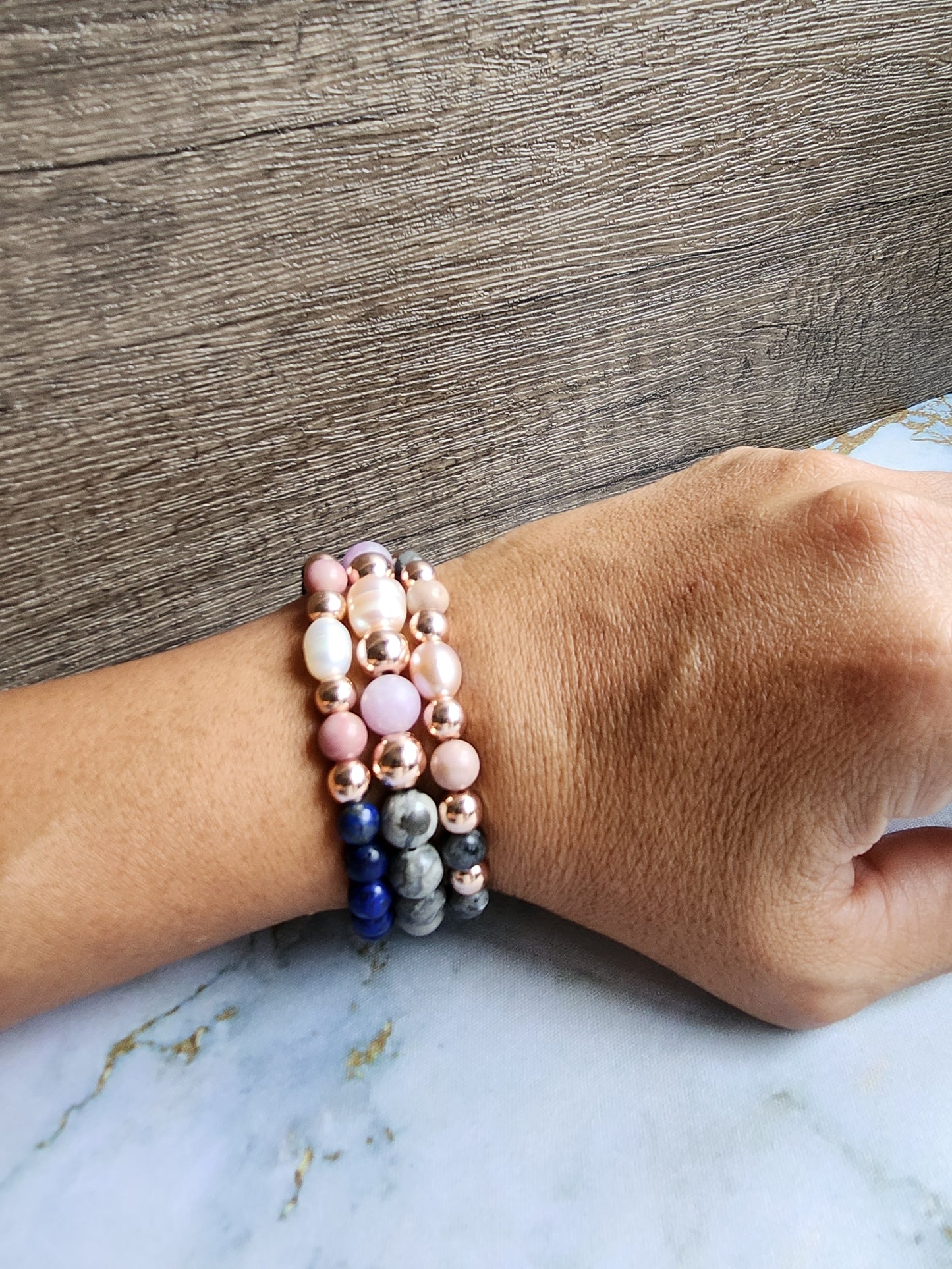 Rose Gold Amethyst, Grey Jasper and Pearl Bracelet