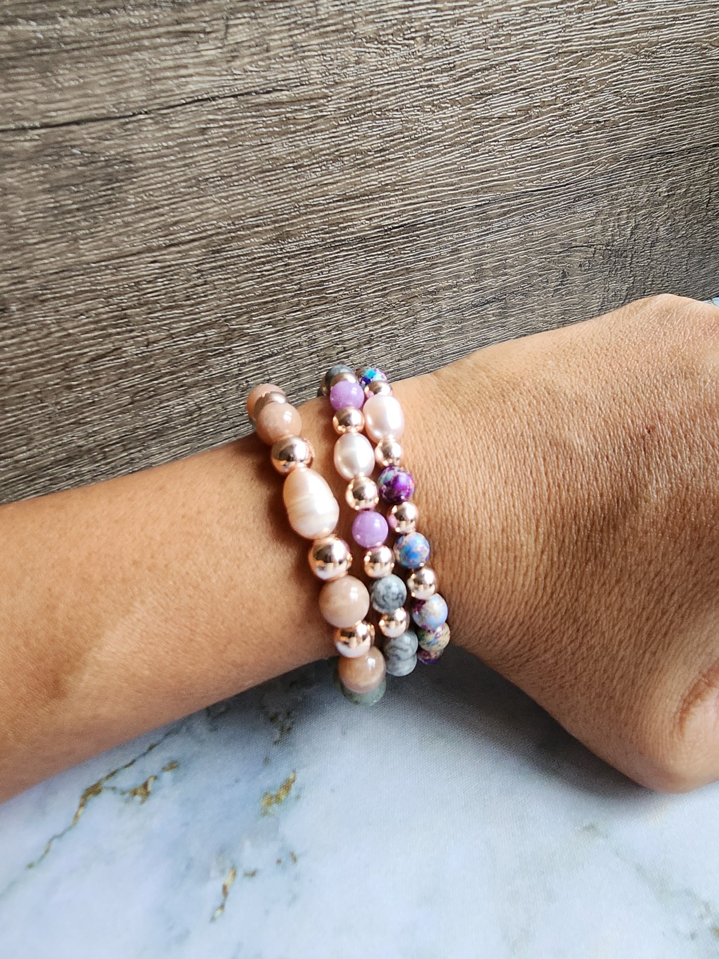 Rose Gold Sea Sediment Jasper and Pearl Bracelet