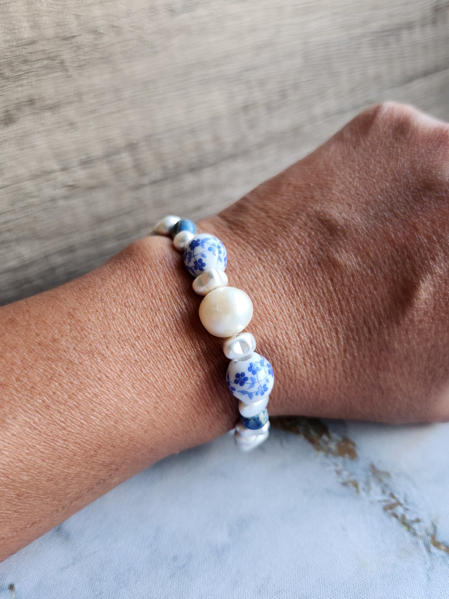 Tang Porcelain White Pearl and Sodalite Bracelet