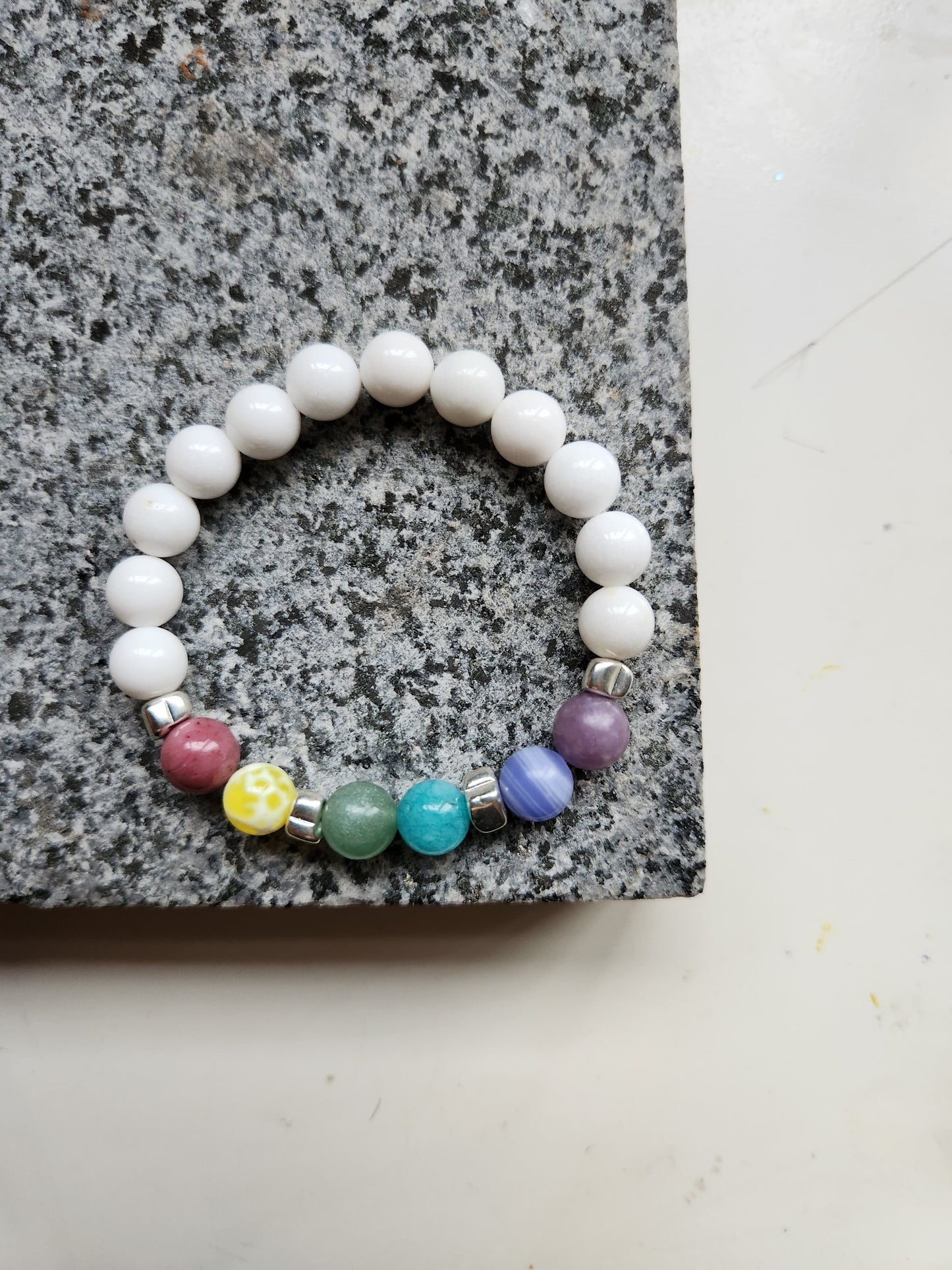 Obsidian and White Agate Rainbow Bracelet
