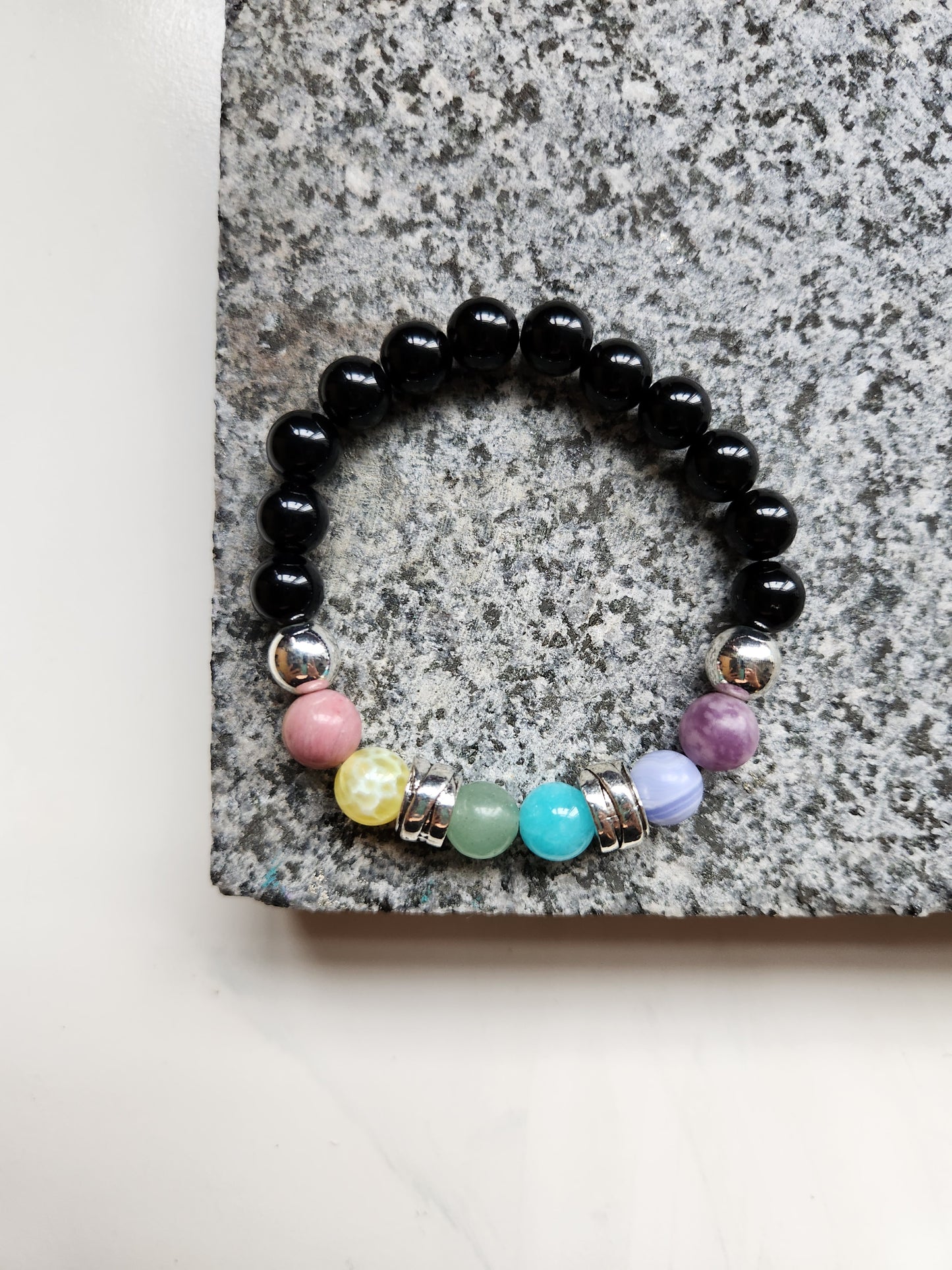 Obsidian and White Agate Rainbow Bracelet