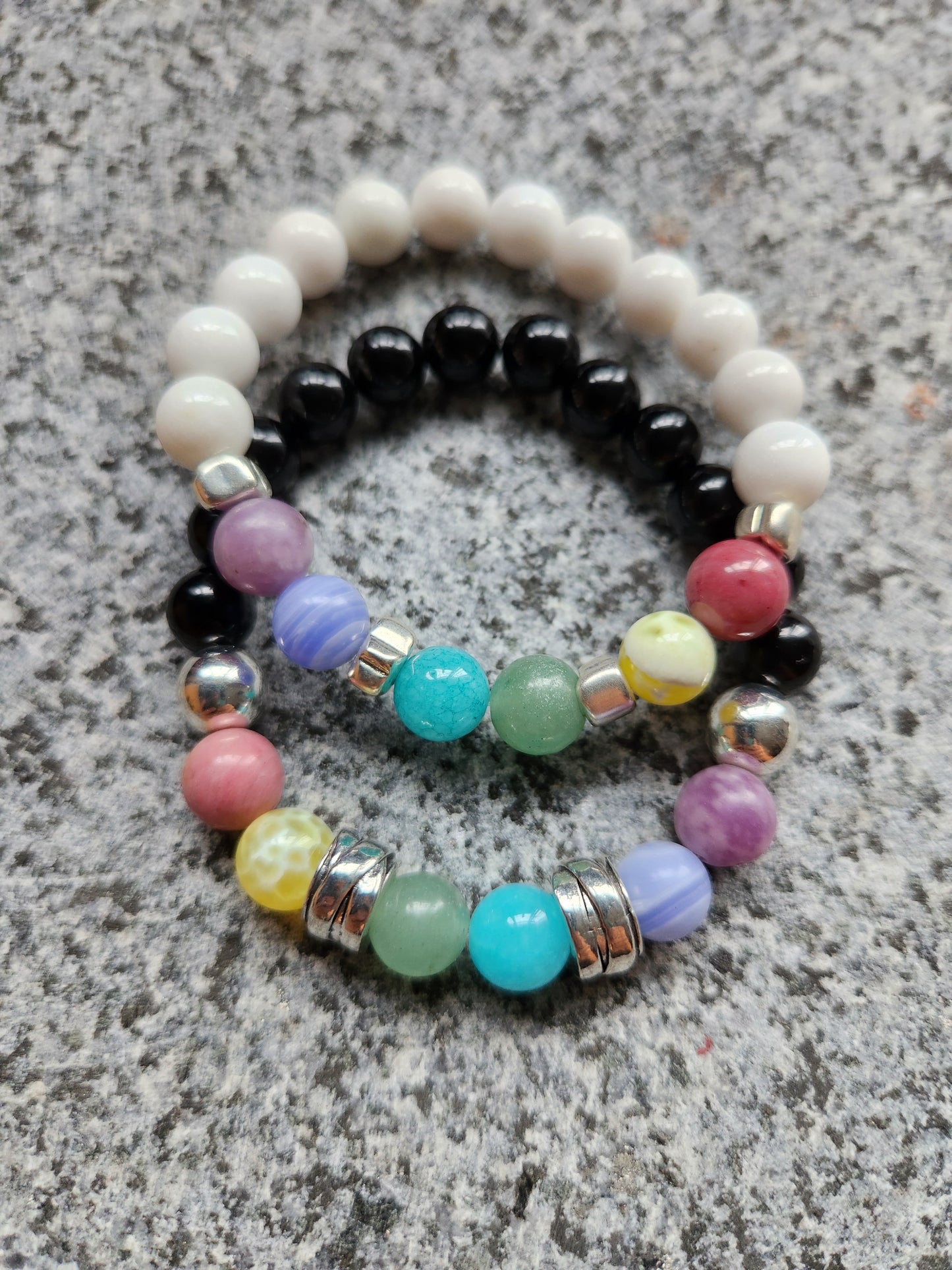 Obsidian and White Agate Rainbow Bracelet