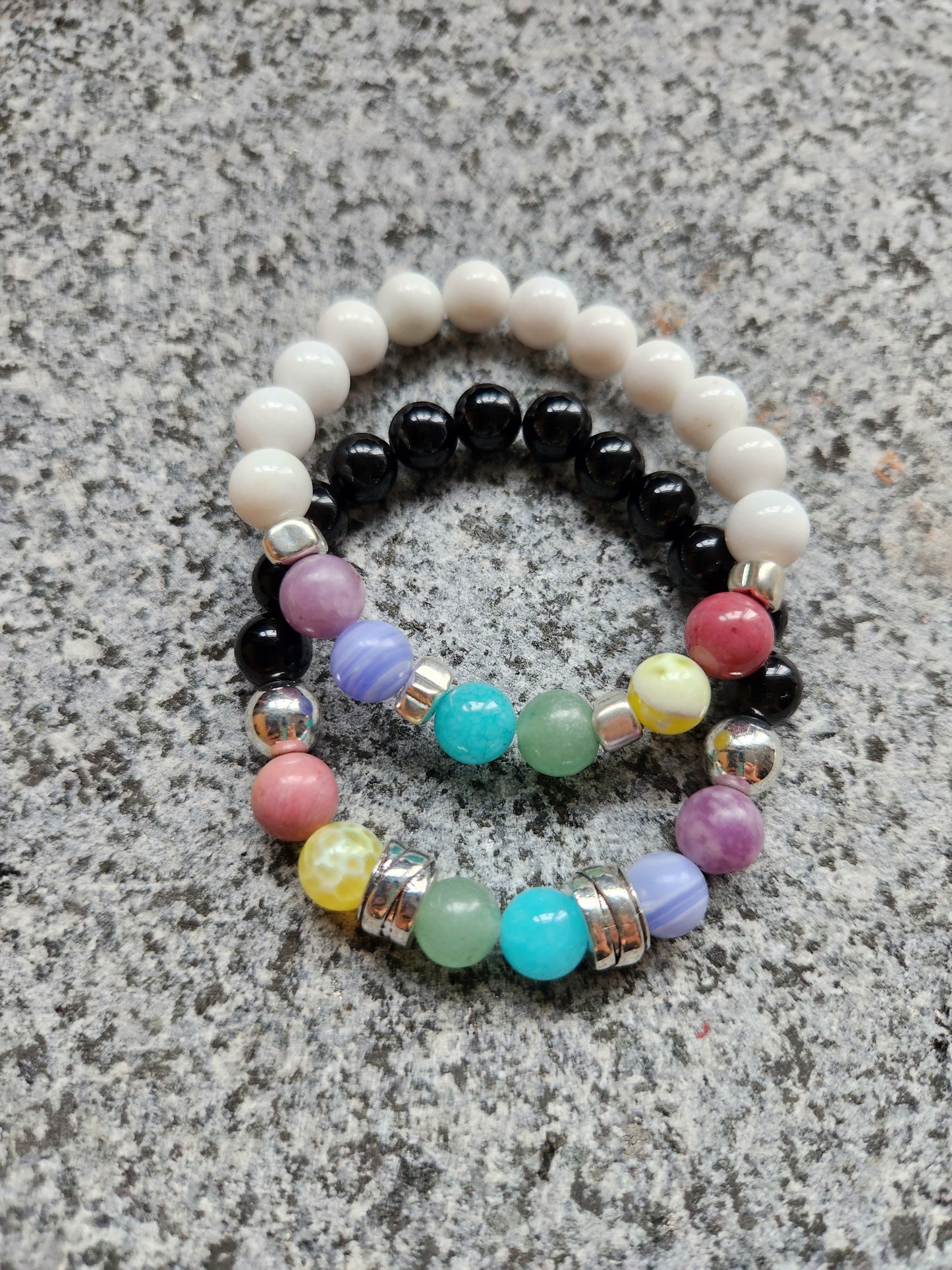 Obsidian and White Agate Rainbow Bracelet