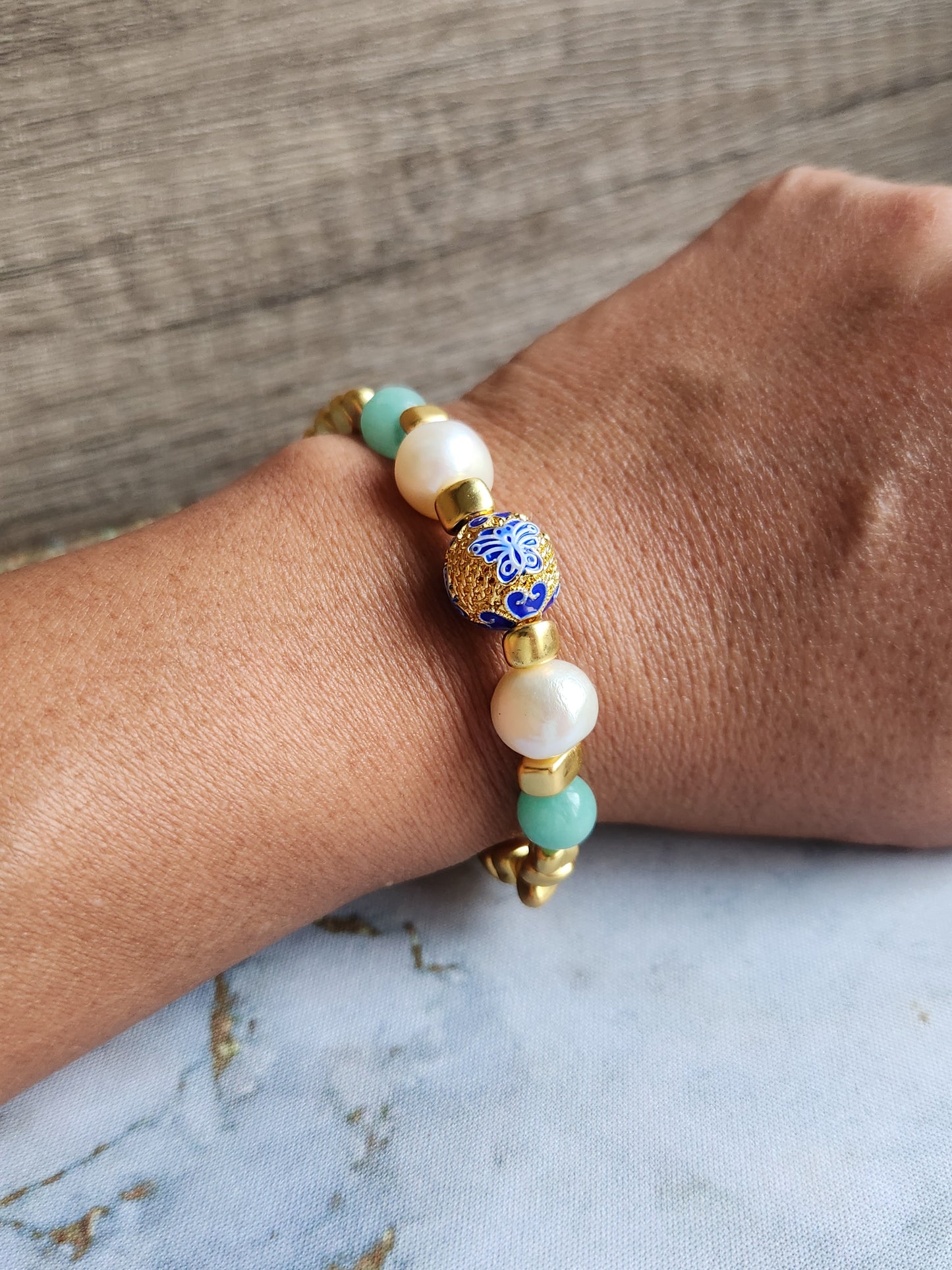 Anak Peranakan Amazonite and Pearl Bracelet