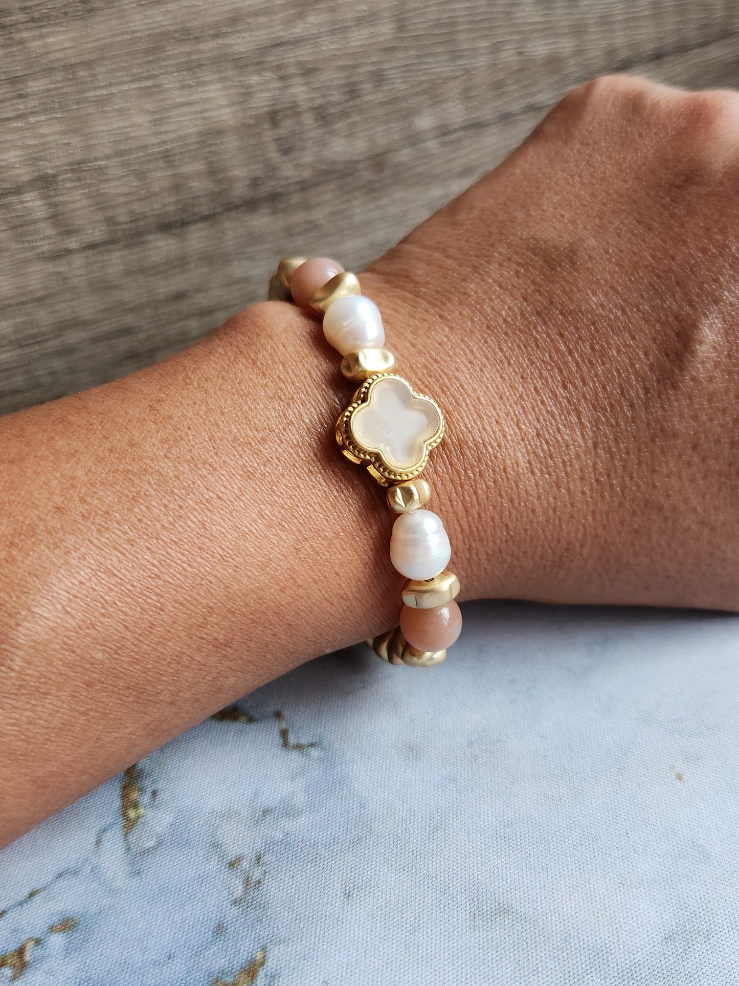 Sunstone and Pearl Clover Bracelet