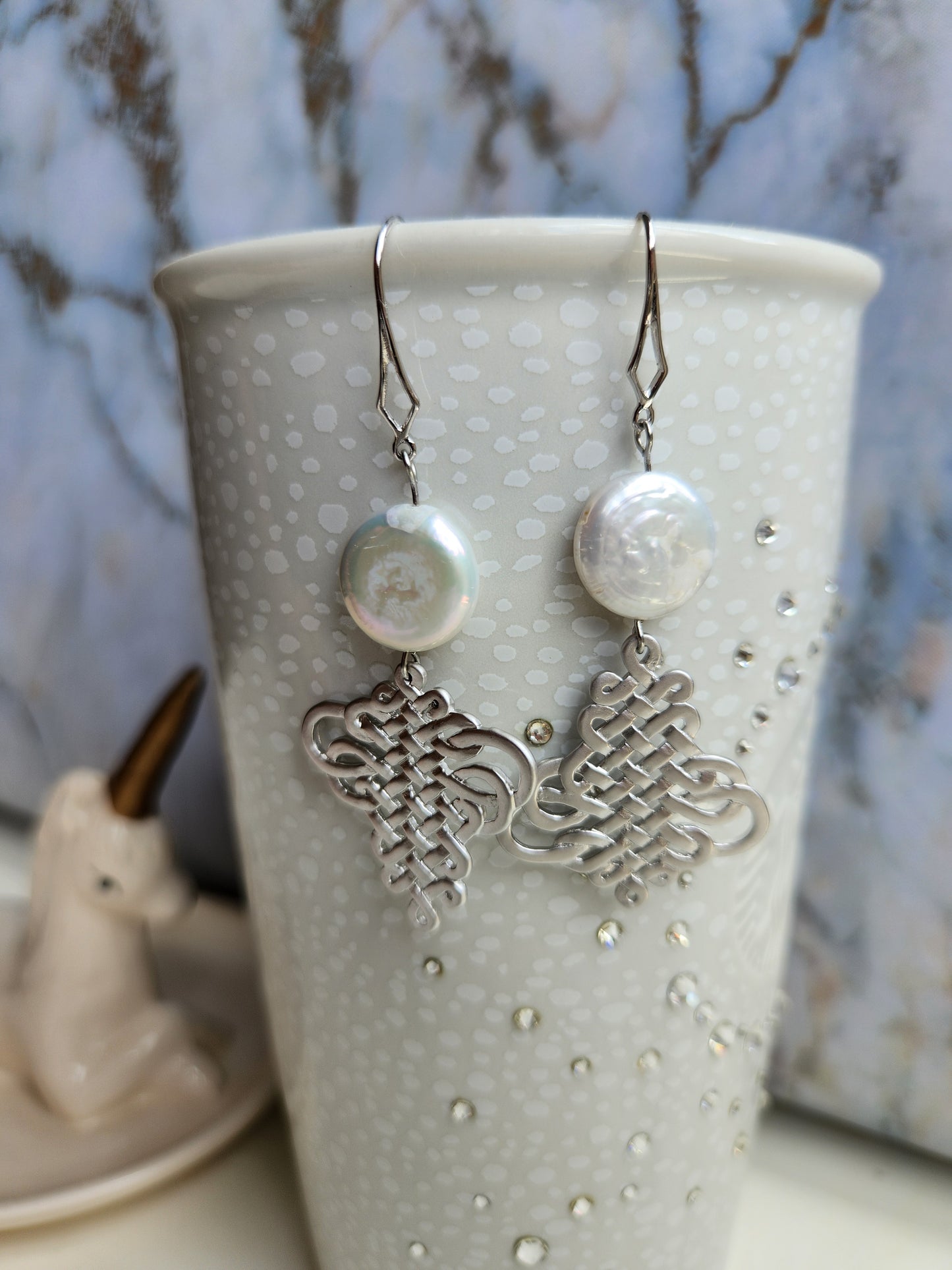 Girl with Celtic Knot Pearl Earrings