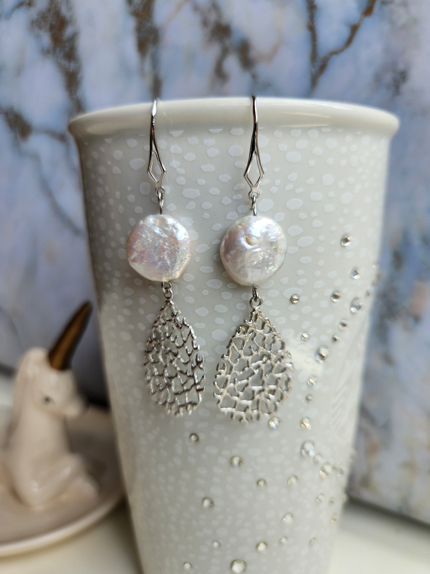 Girl with Silver Lace Teardrop Pearl Earrings