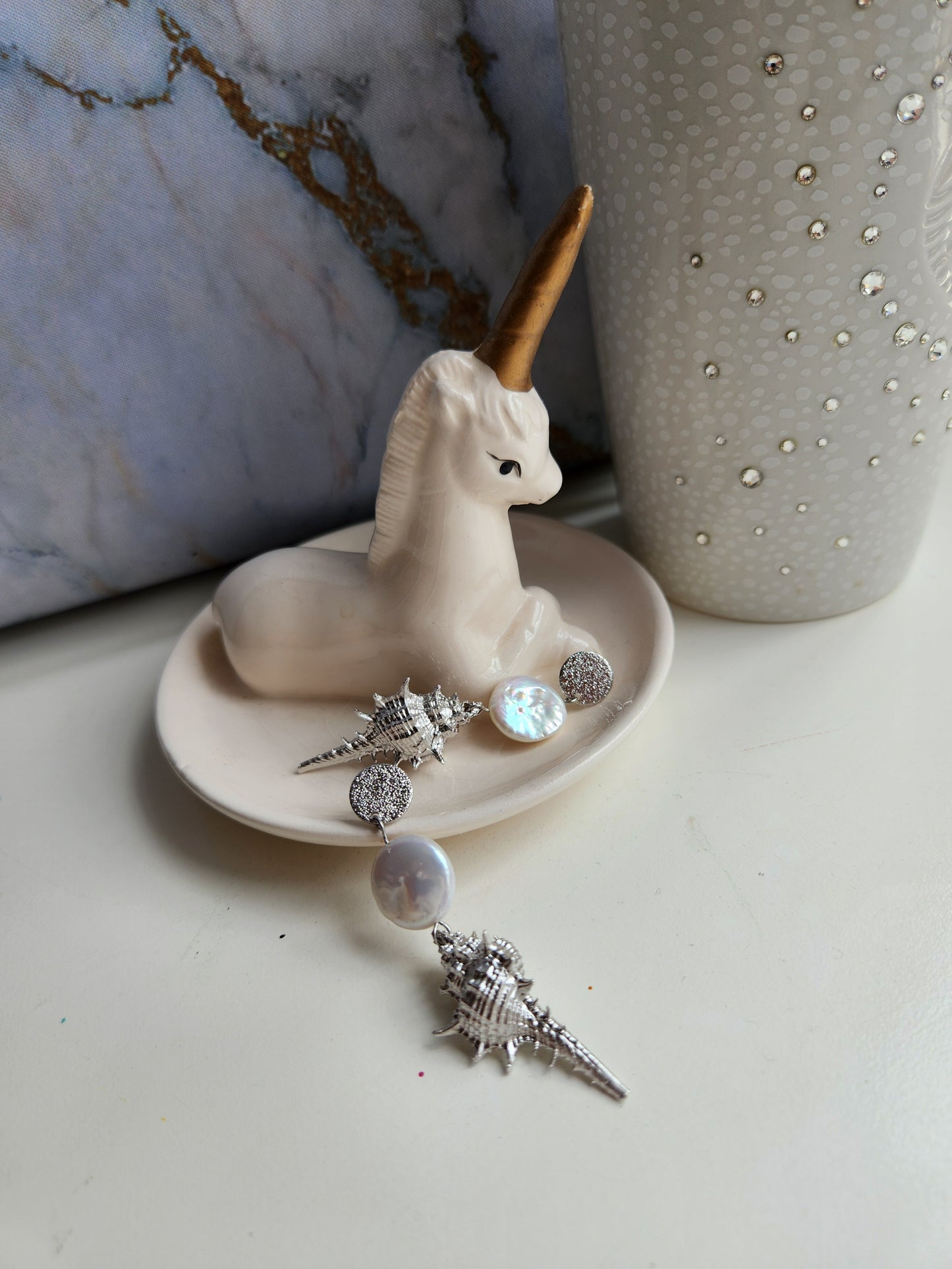 Girl with Silver Seashell Pearl Earrings