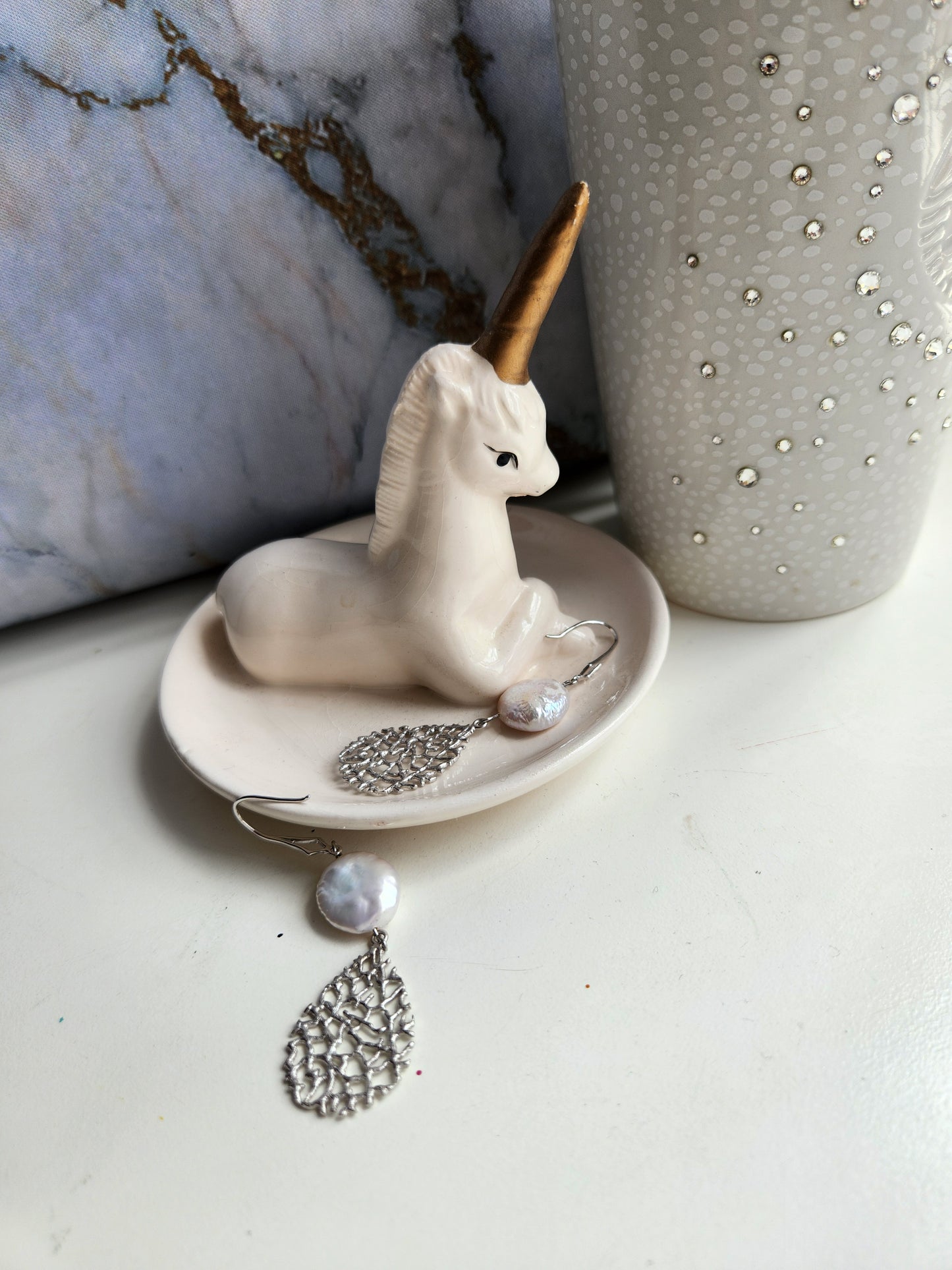 Girl with Silver Lace Teardrop Pearl Earrings
