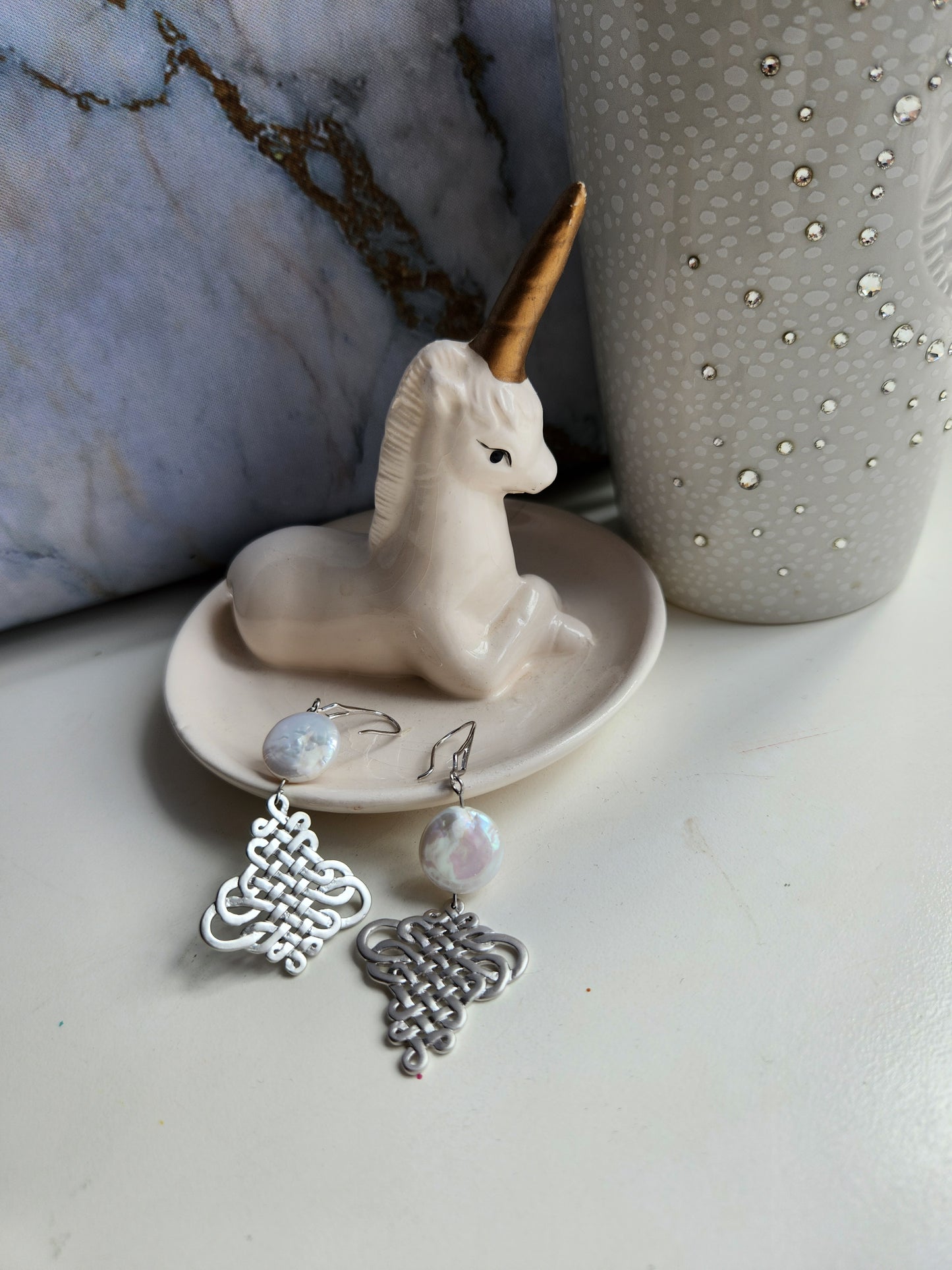 Girl with Celtic Knot Pearl Earrings