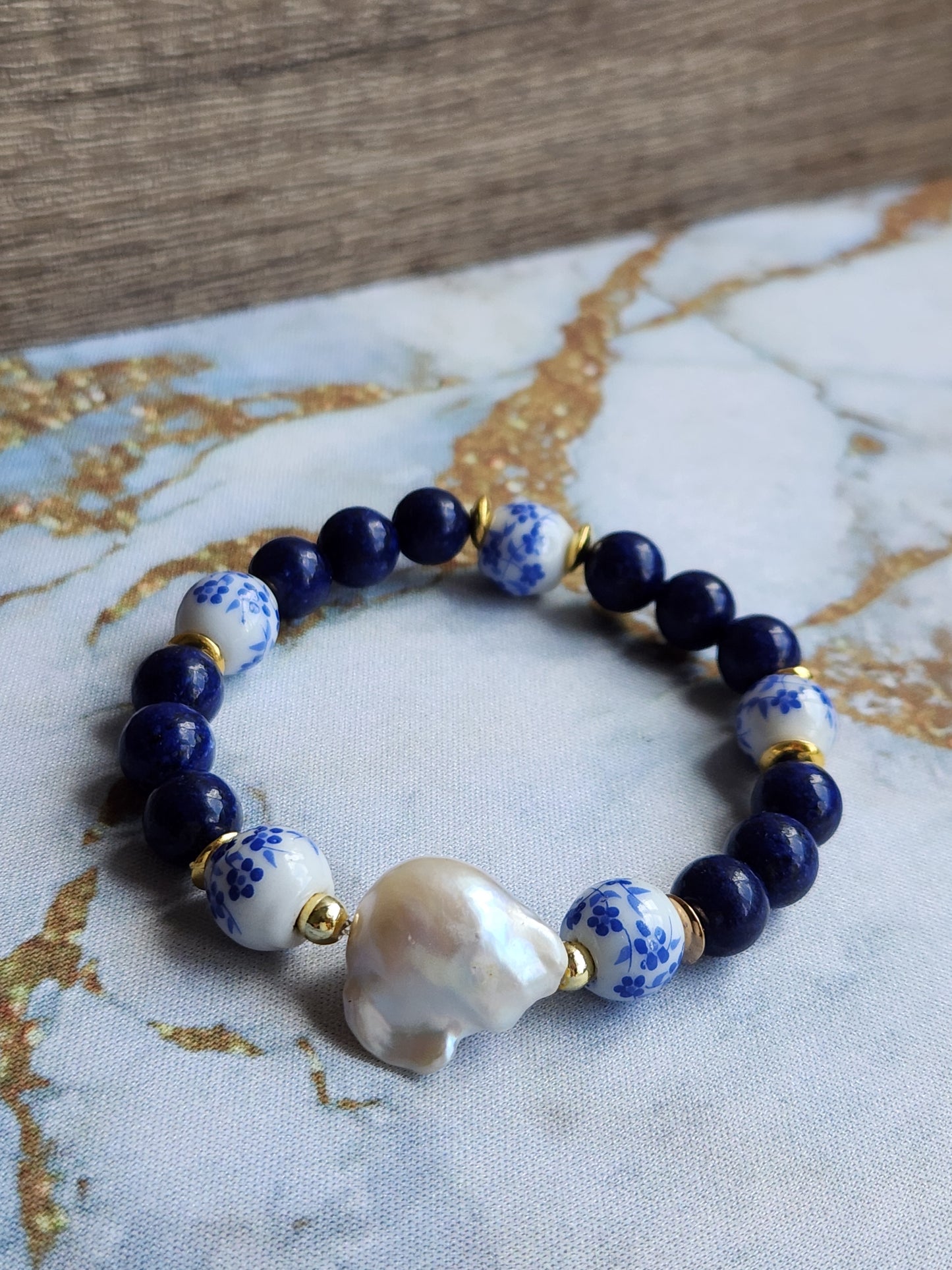 Tang Porcelain Lapis Lazuli and Baroque Pearl Bracelet