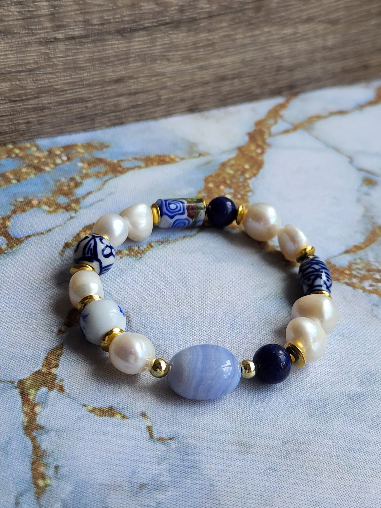 Tang Porcelain Blue Lace Agate, Lapis Lazuli and Pearl Bracelet