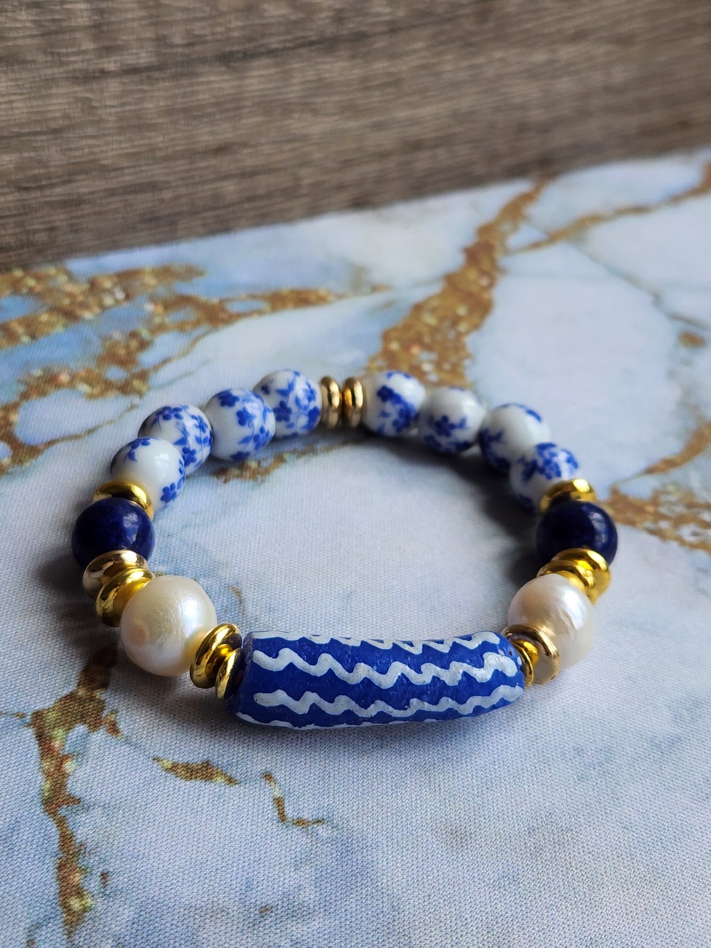Tang Porcelain Lapis Lazuli and Pearl Bracelet