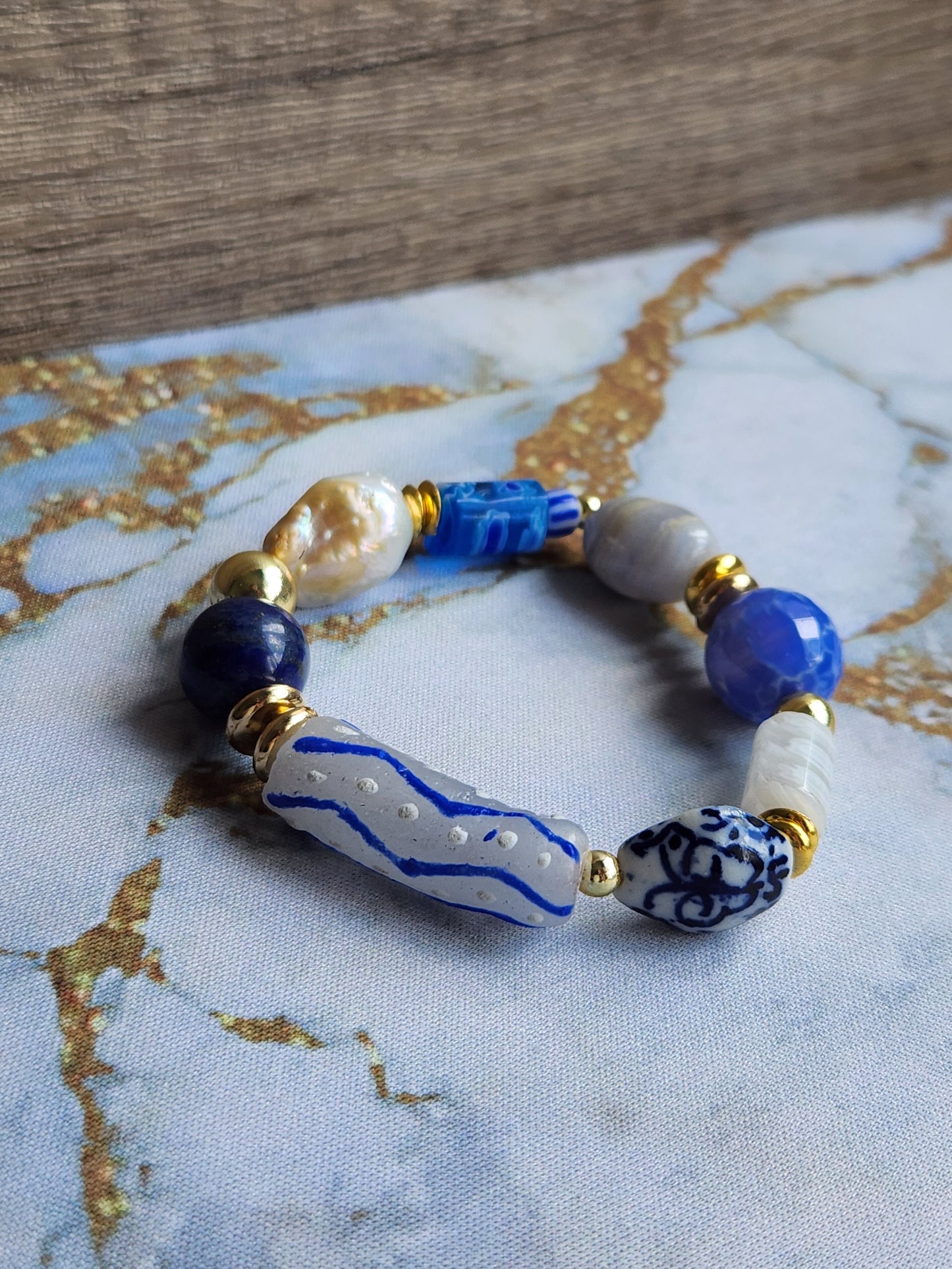 Tang Porcelain Blue Lace Agate, Lapis Lazuli and Baroque Pearl Bracelet