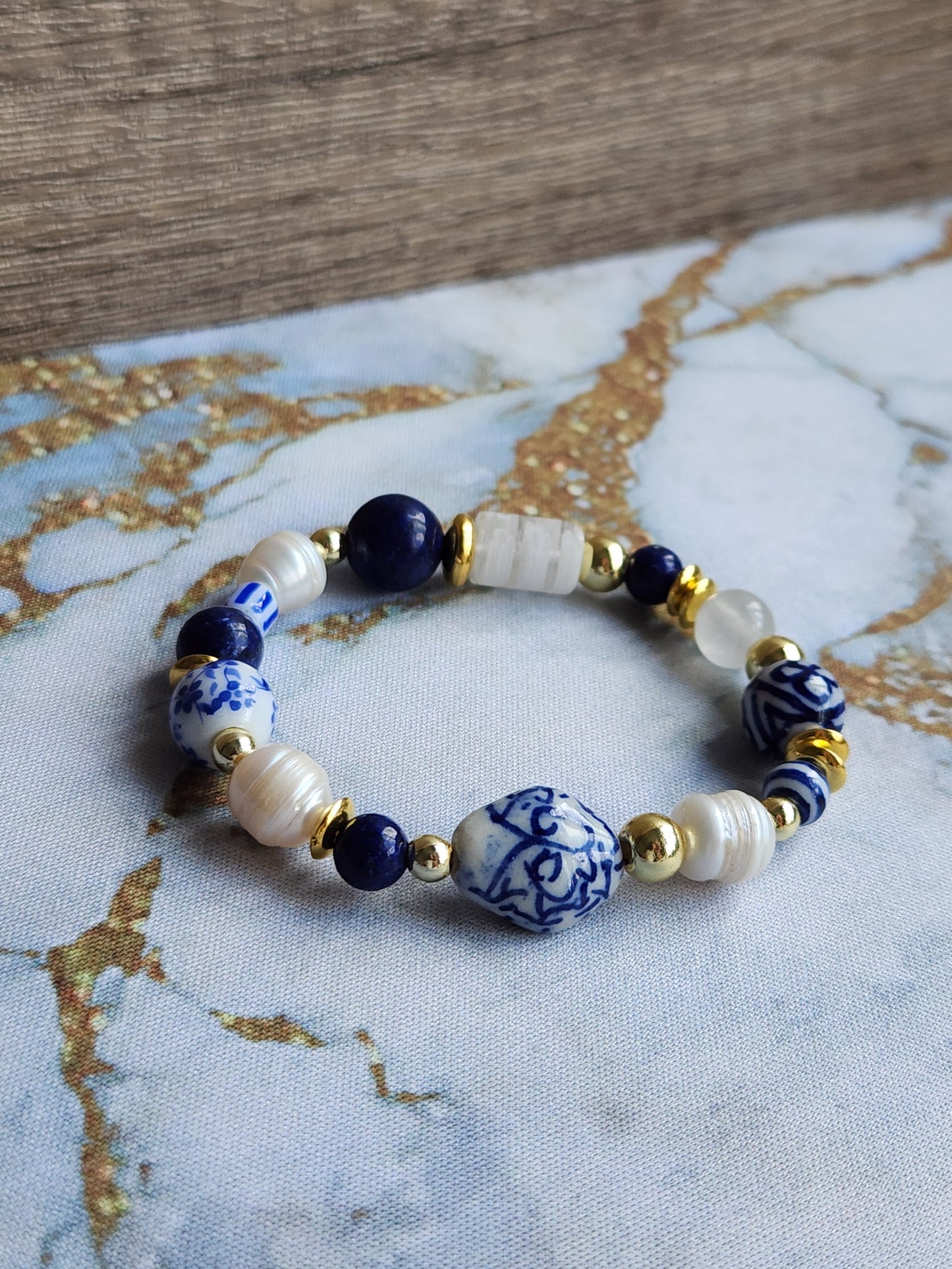 Tang Porcelain Moonstone, Lapis Lazuli and Baroque Pearl Bracelet