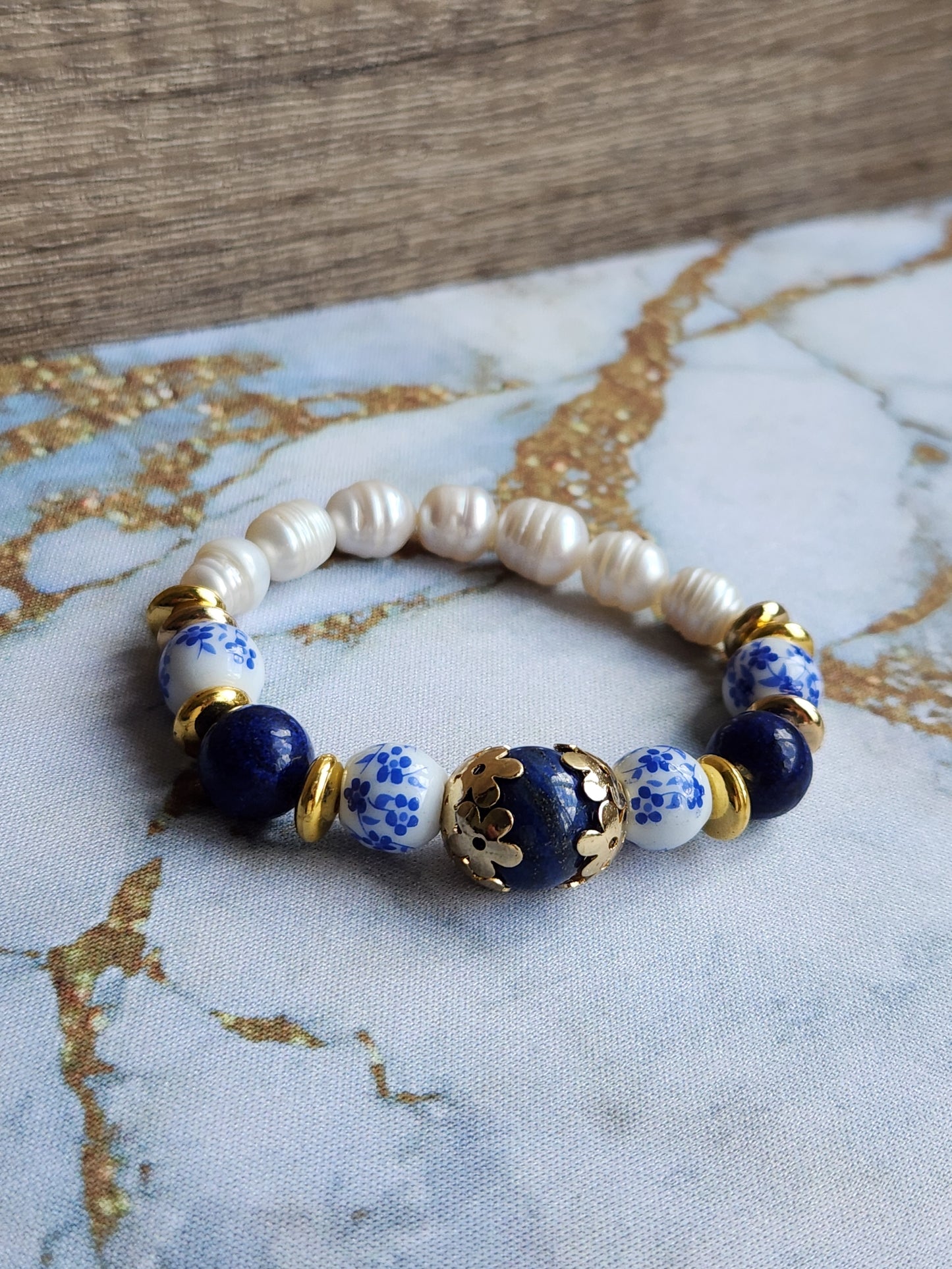 Tang Porcelain Lapis Lazuli and Pearl Bracelet