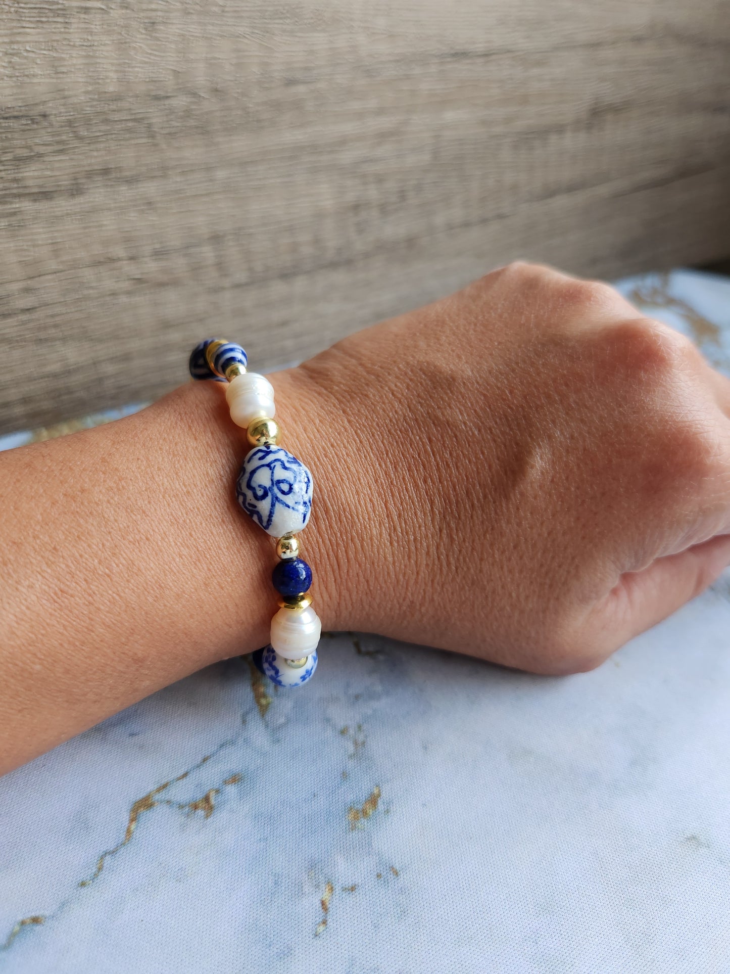 Tang Porcelain Moonstone, Lapis Lazuli and Baroque Pearl Bracelet