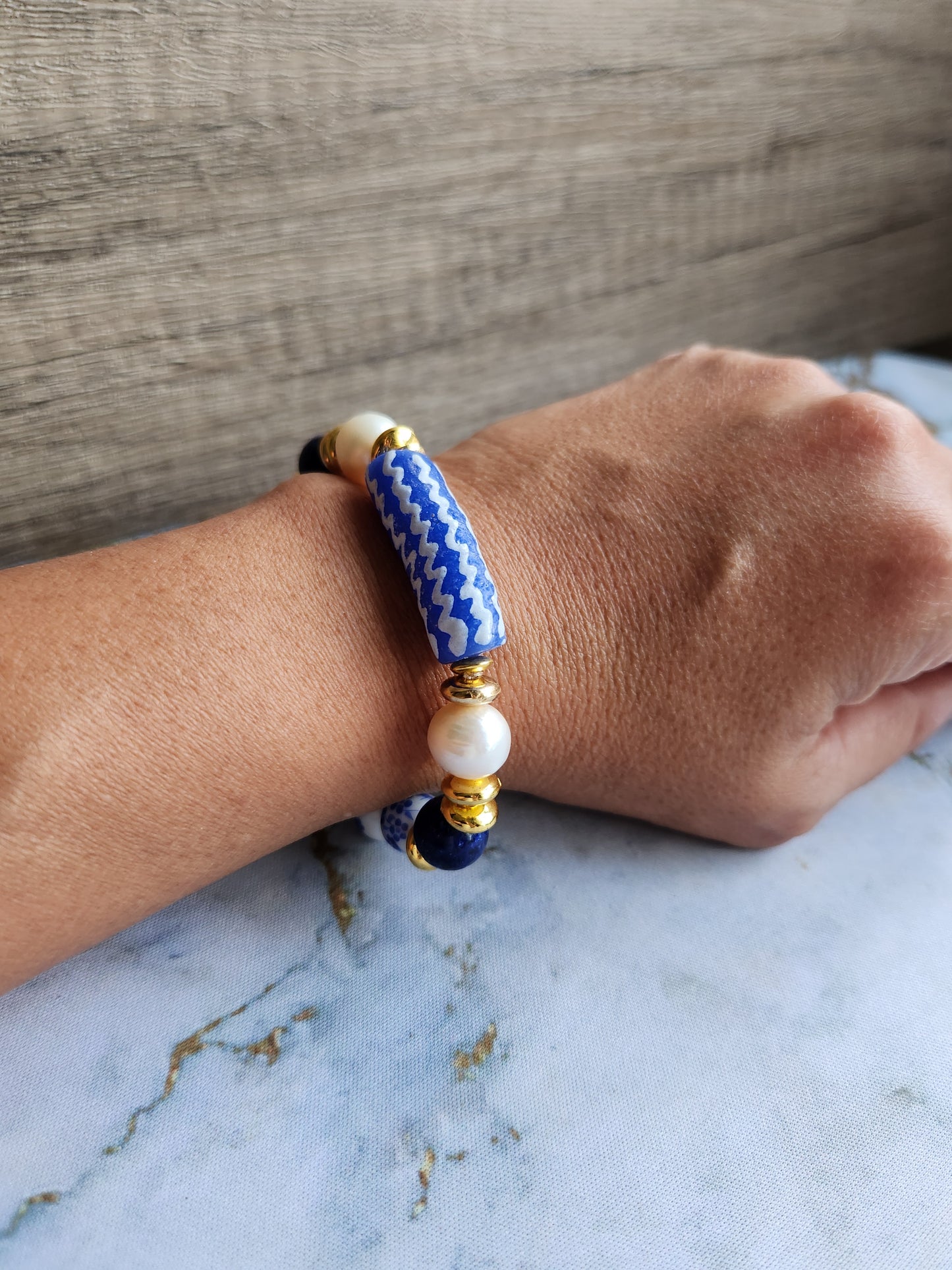 Tang Porcelain Lapis Lazuli and Pearl Bracelet