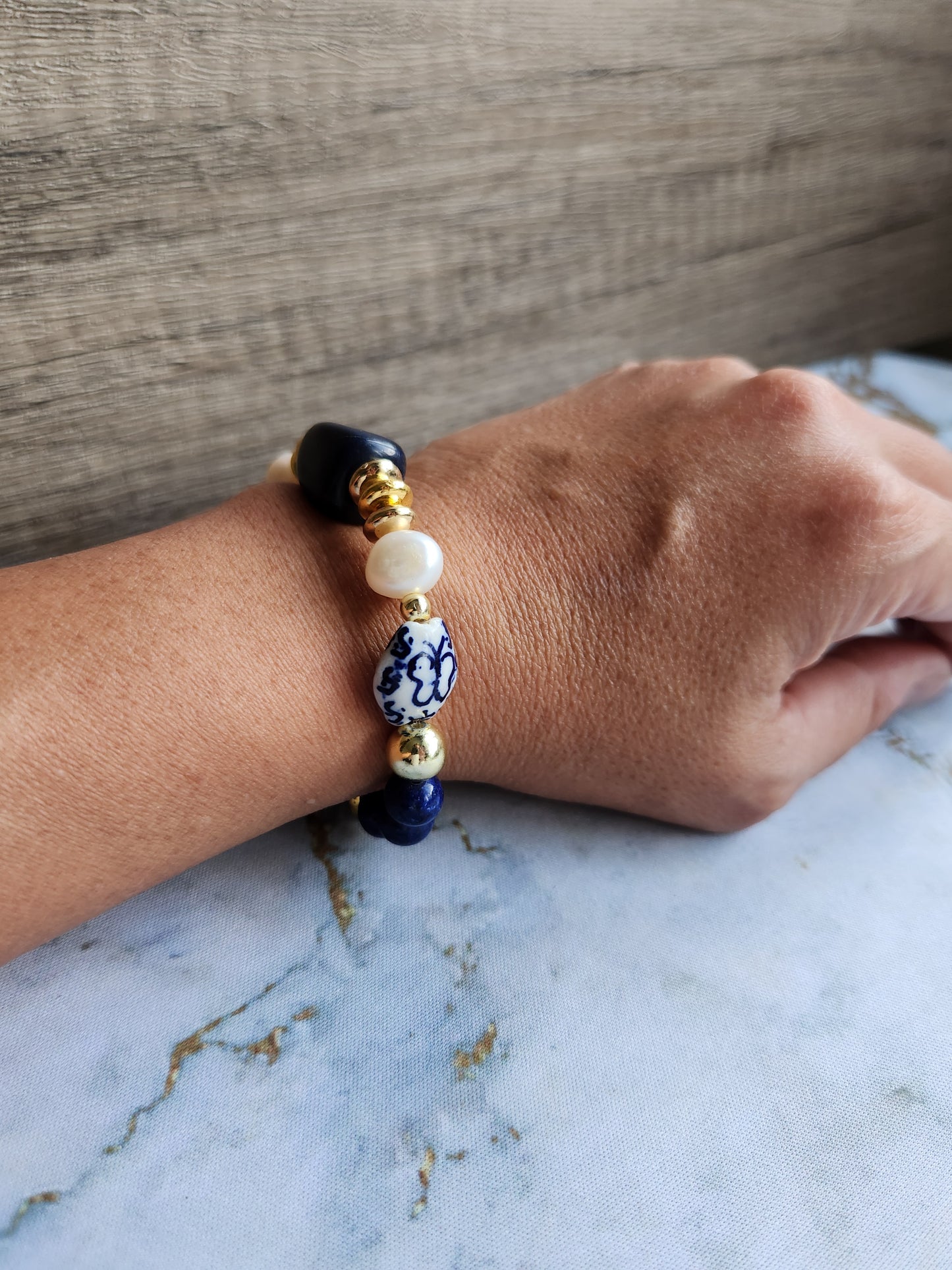 Tang Porcelain Lapis Lazuli and Pearl Bracelet