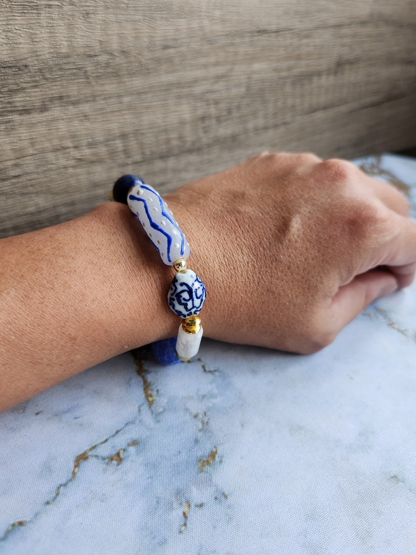 Tang Porcelain Blue Lace Agate and Lapis Lazuli Bracelet