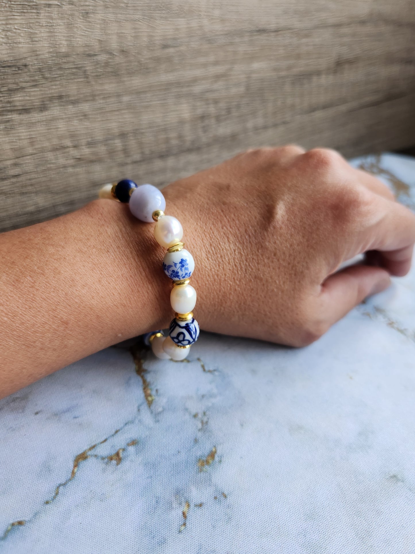 Tang Porcelain Blue Lace Agate, Lapis Lazuli and Pearl Bracelet