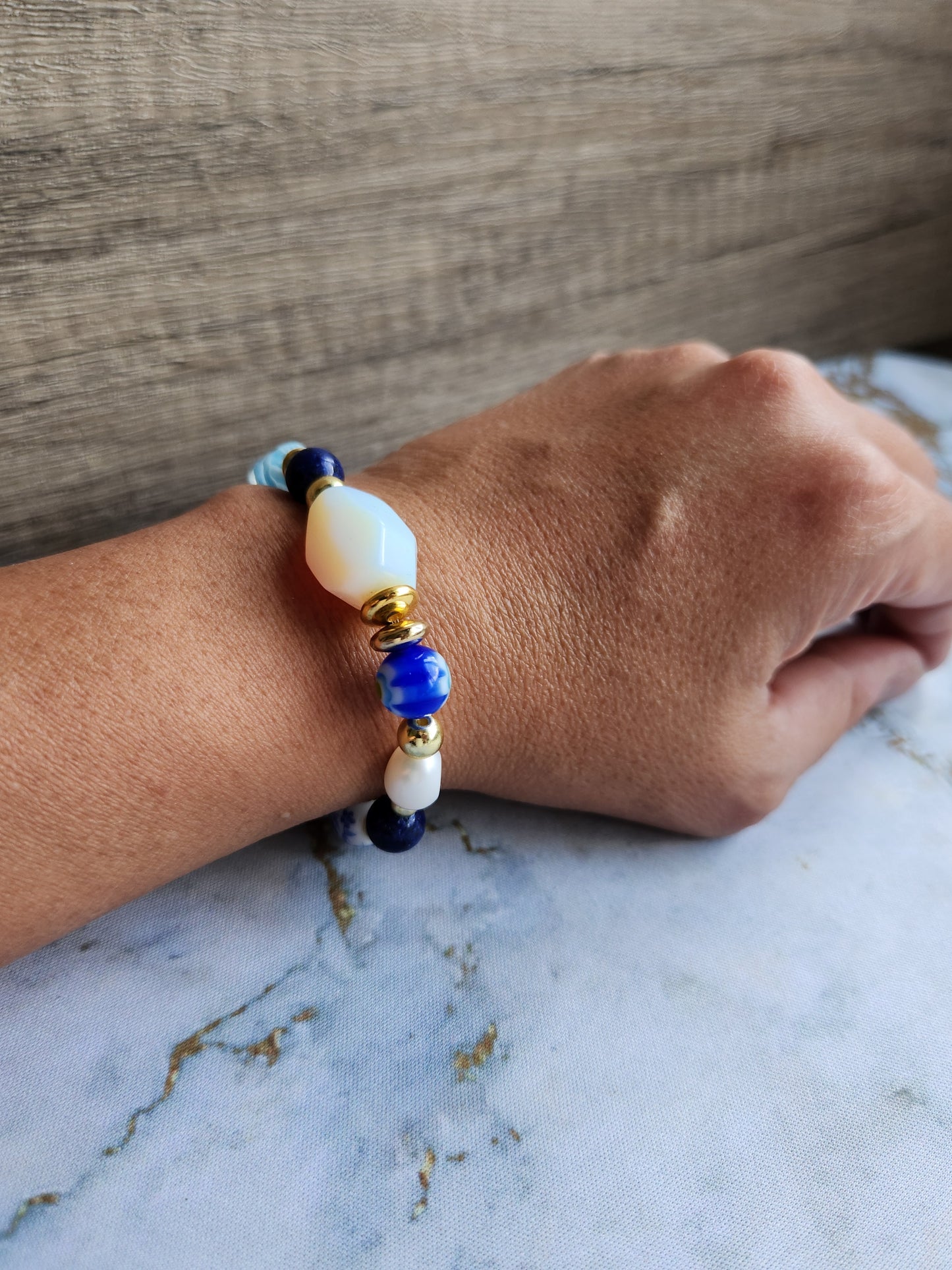 Tang Porcelain Moonstone, Lapis Lazuli and white Pearl Bracelet