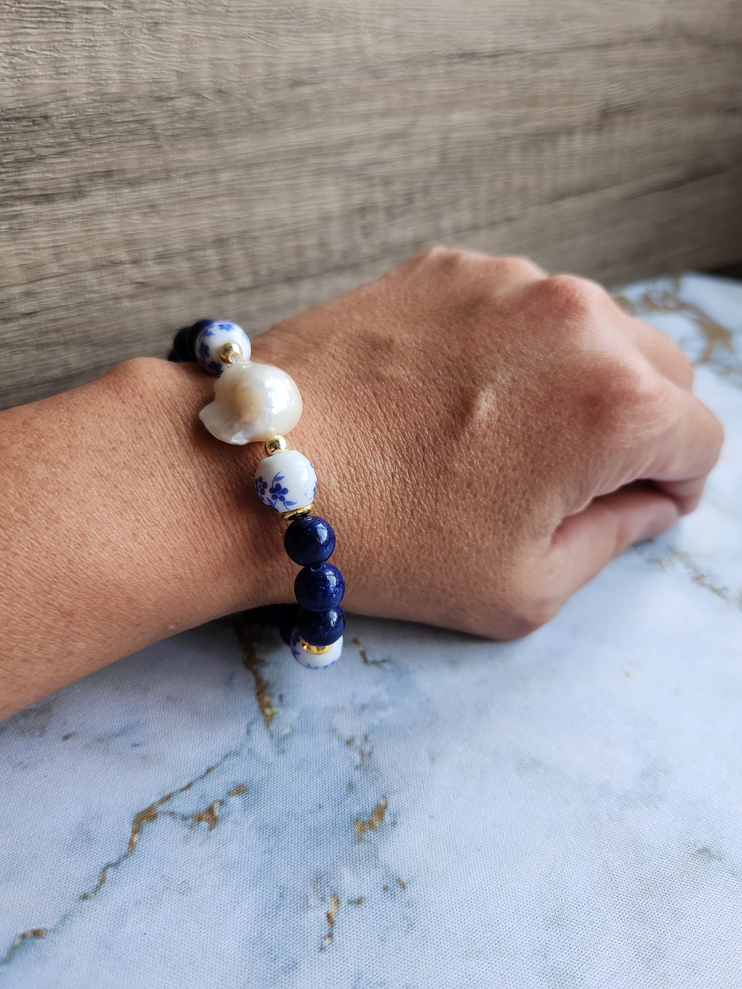 Tang Porcelain Lapis Lazuli and Baroque Pearl Bracelet