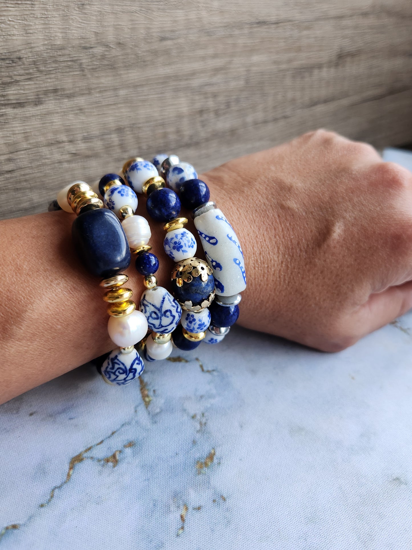 Tang Porcelain Blue Lace Agate and Lapis Lazuli Bracelet