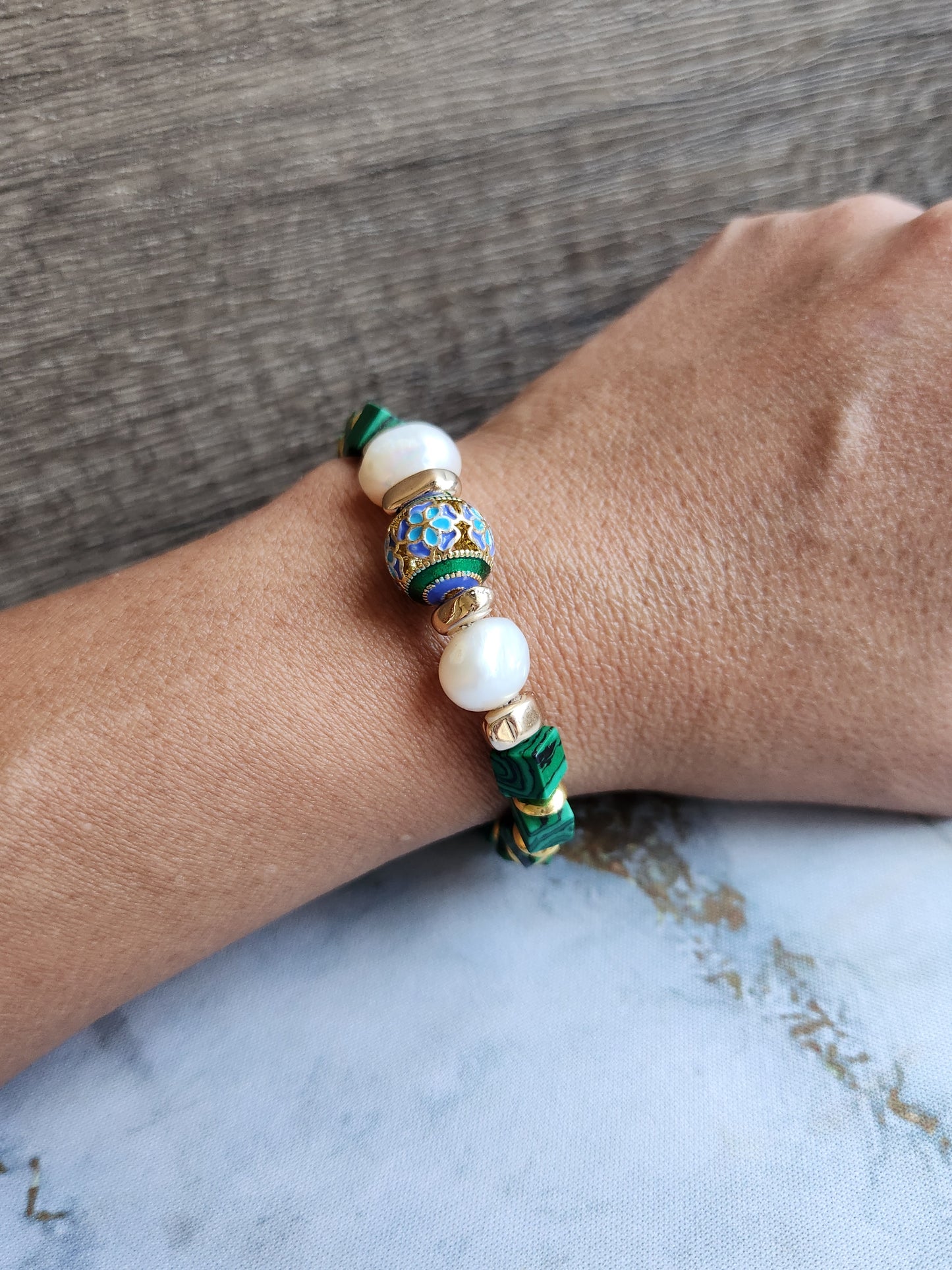 Anak Peranakan Malachite and Pearl Bracelet