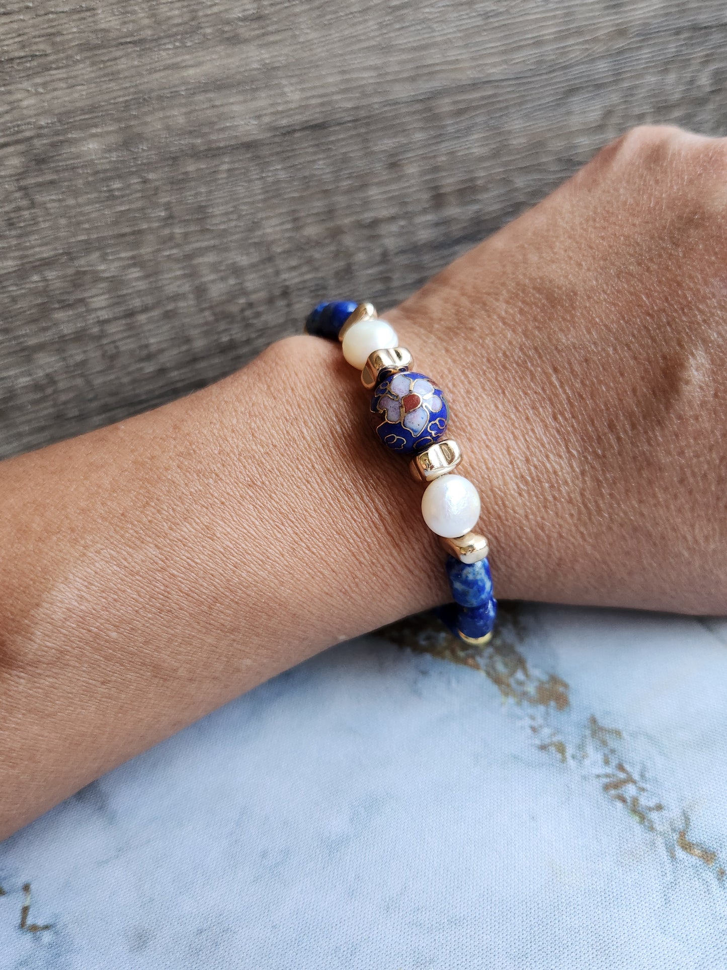 Anak Peranakan Lapis Lazuli and Pearl Bracelet